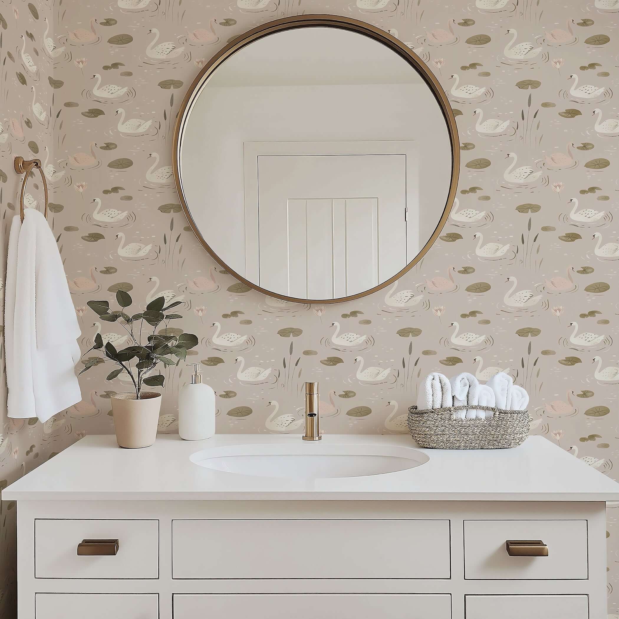 Elegant bathroom with Swan Serenade wallpaper featuring swans and lilies, creating a serene, mid-century modern design.