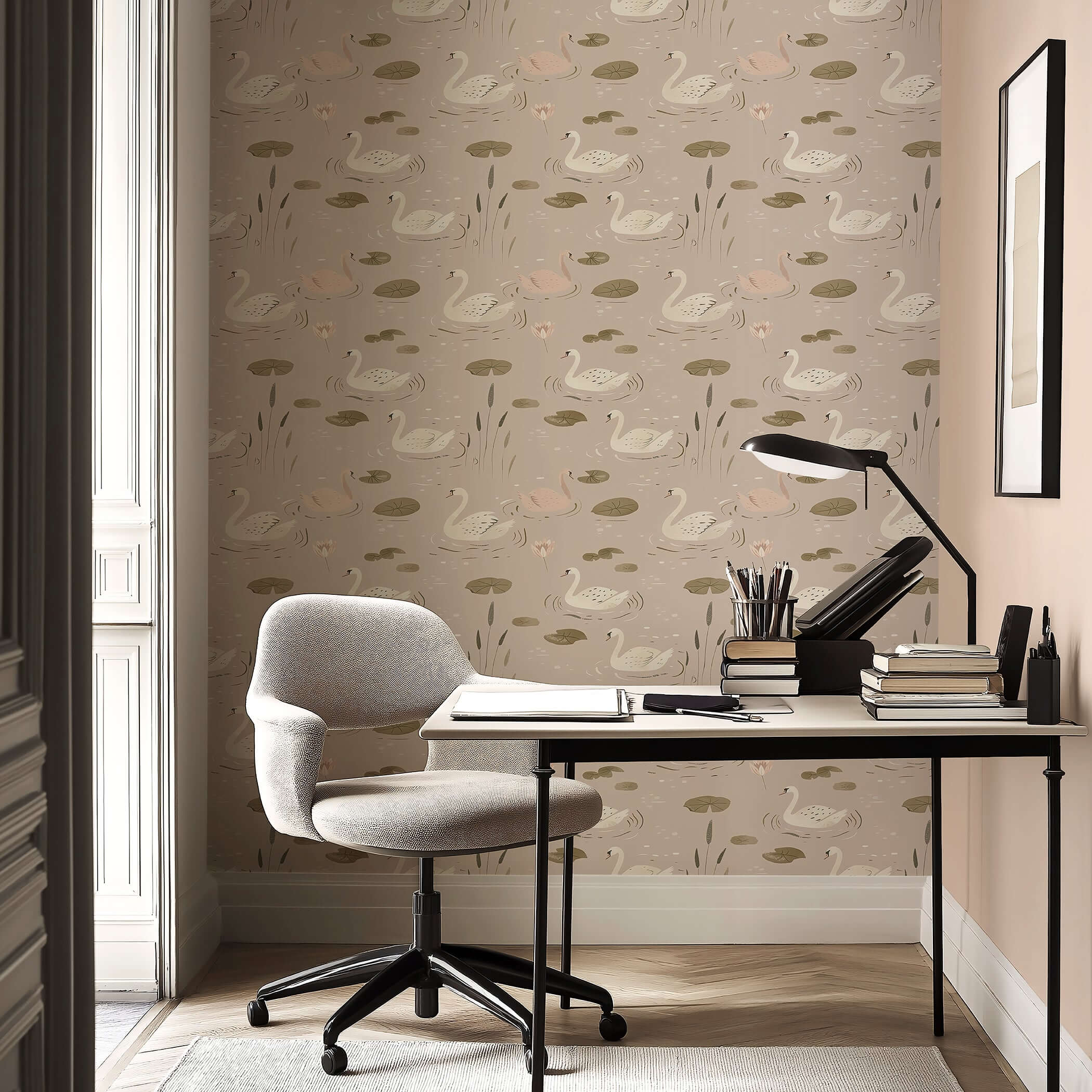 Elegant Swan Serenade wallpaper featuring swans and lilies on a pond, ideal for mid-century modern design interiors.