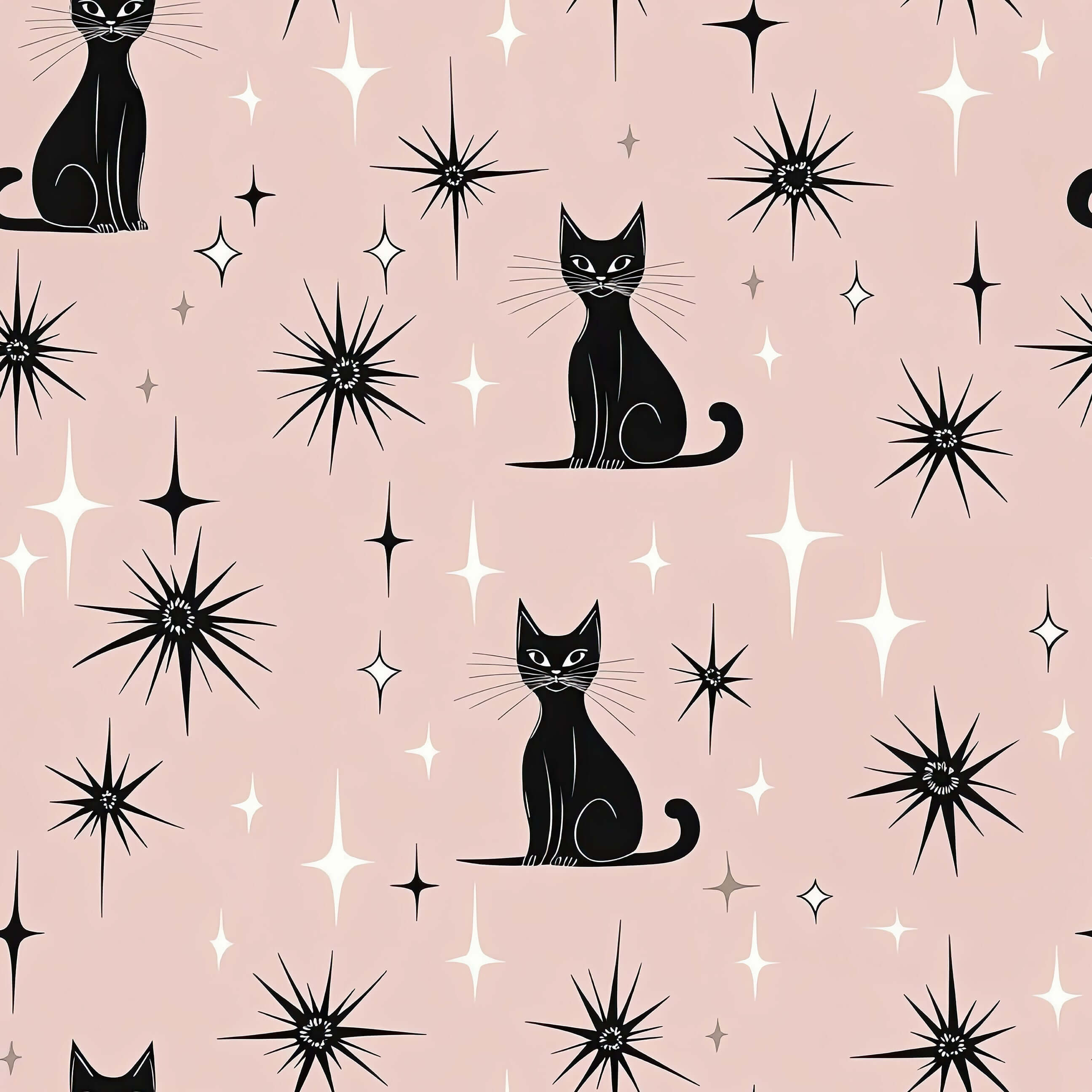 Twilight Catscape wallpaper featuring black cats and mid-century stars on a blush background, perfect for nurseries and playrooms.