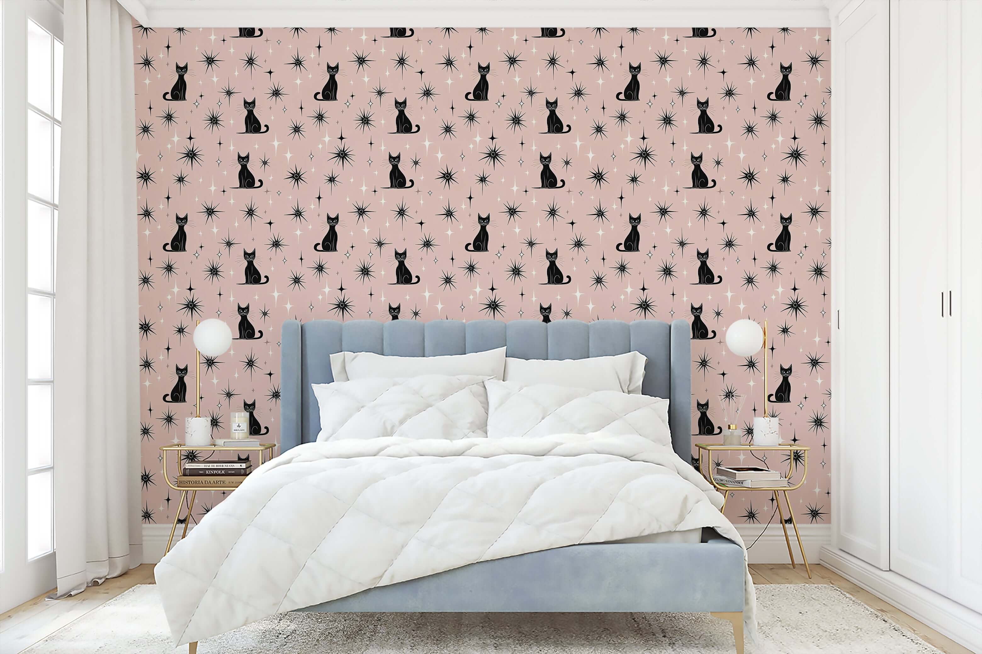 Twilight Catscape wallpaper with black cats and mid-century stars, ideal for nurseries, playrooms, or modern decor elegance.