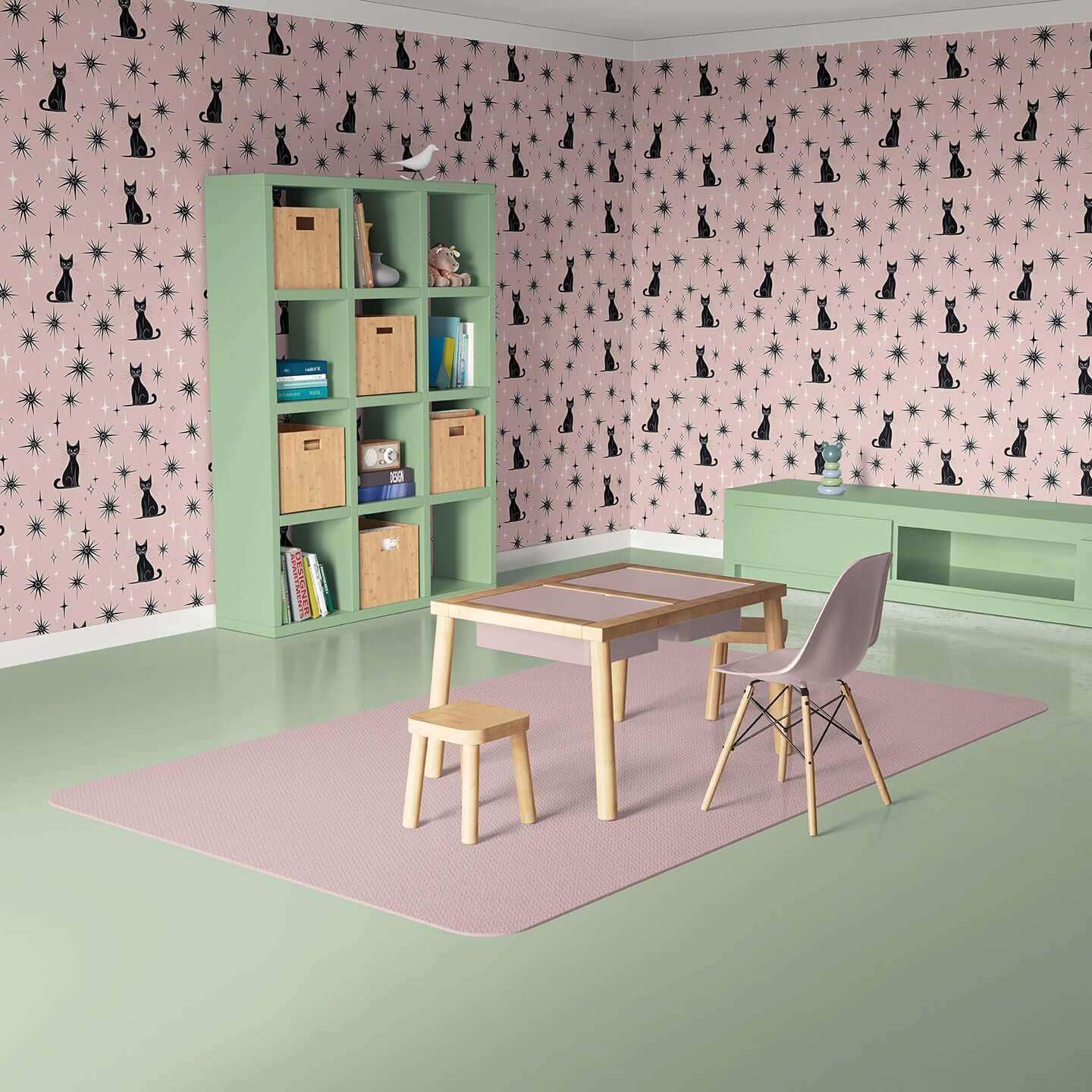 Playful children's room with Twilight Catscape wallpaper, featuring elegant black cats and mid-century stars on a blush backdrop.
