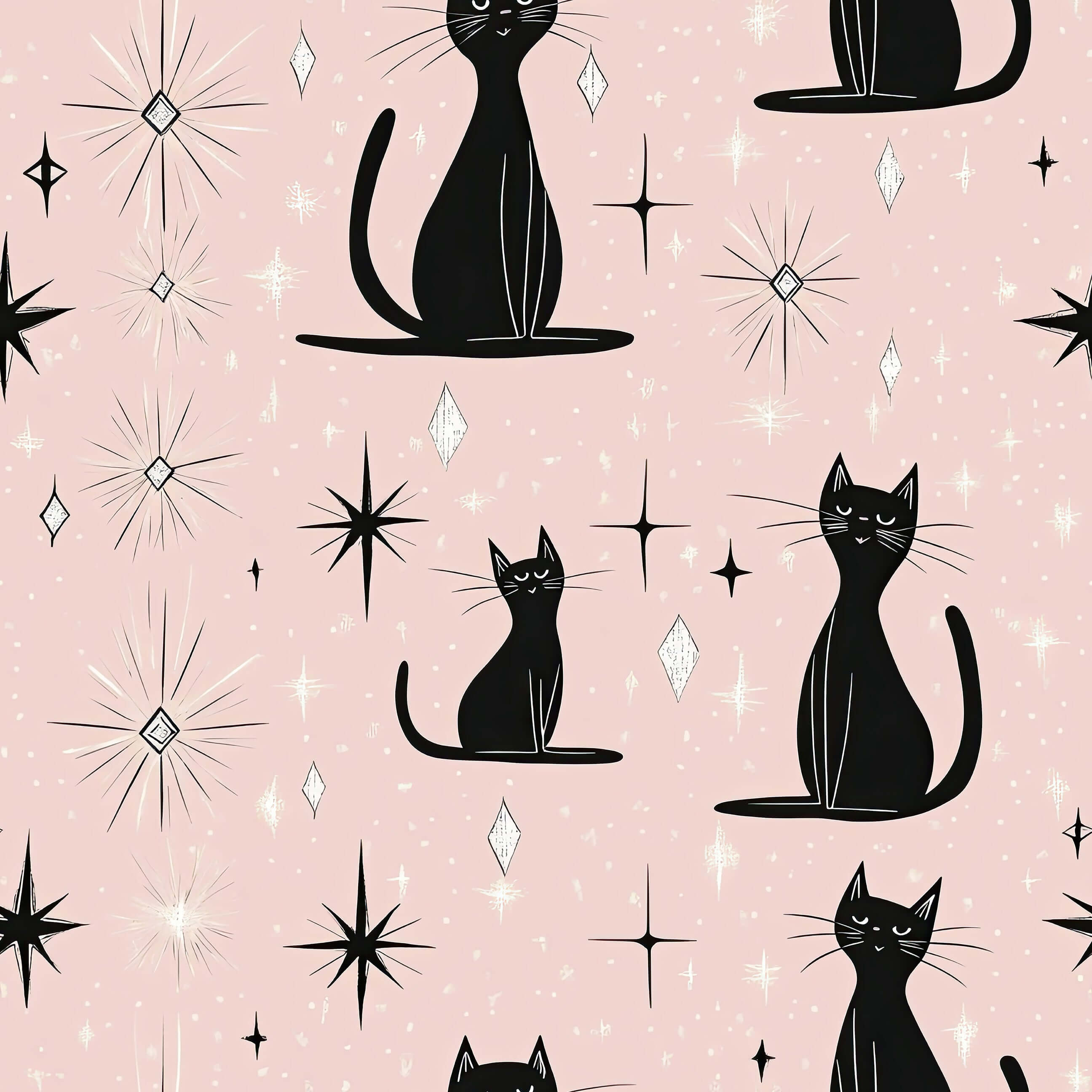Mid-century modern wallpaper with black cats, stars, and diamonds on a pink background. Perfect for nurseries and children's playrooms.