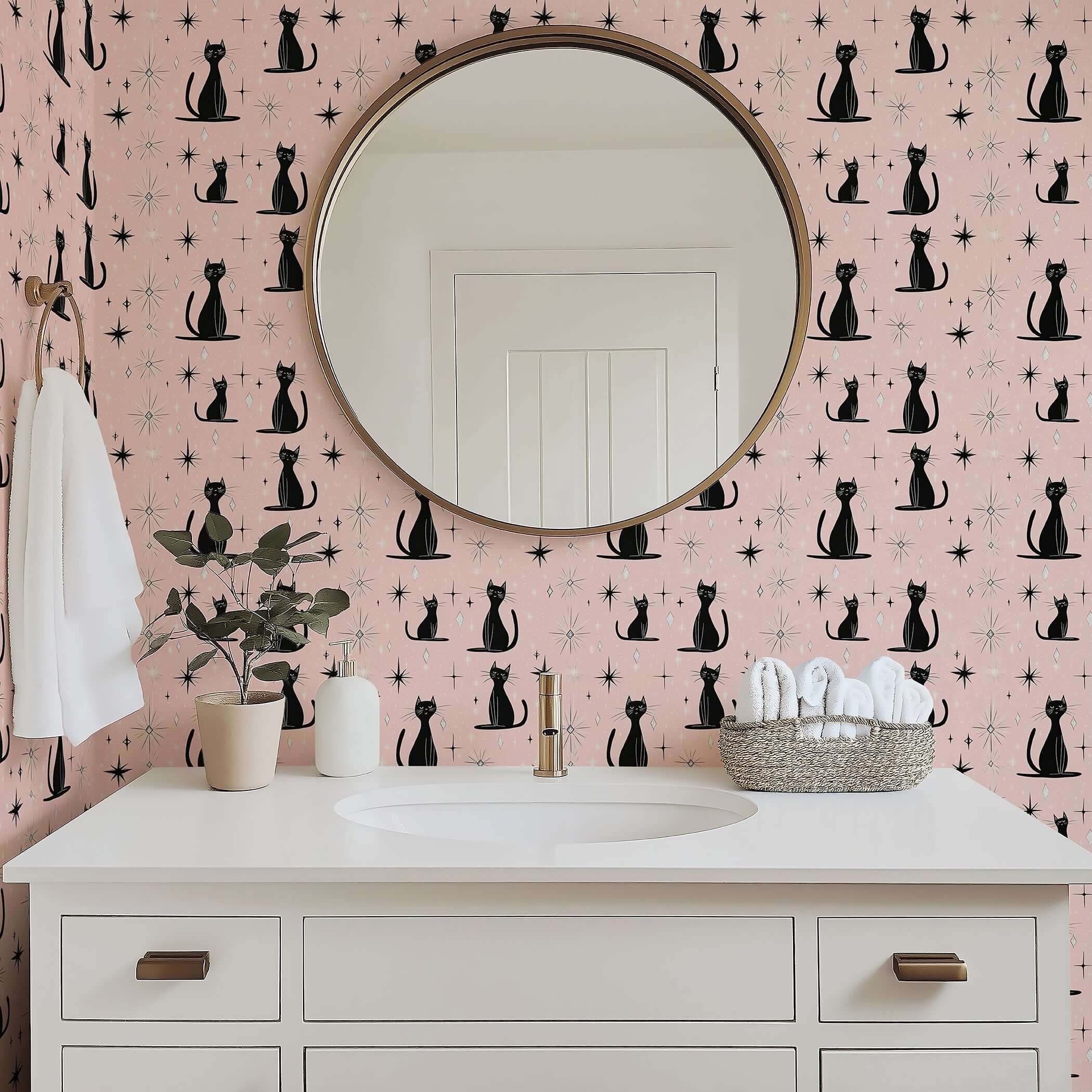 Mid-century modern wallpaper featuring black cats and starbursts on pink, perfect for nurseries, playrooms, and spaces with charm.