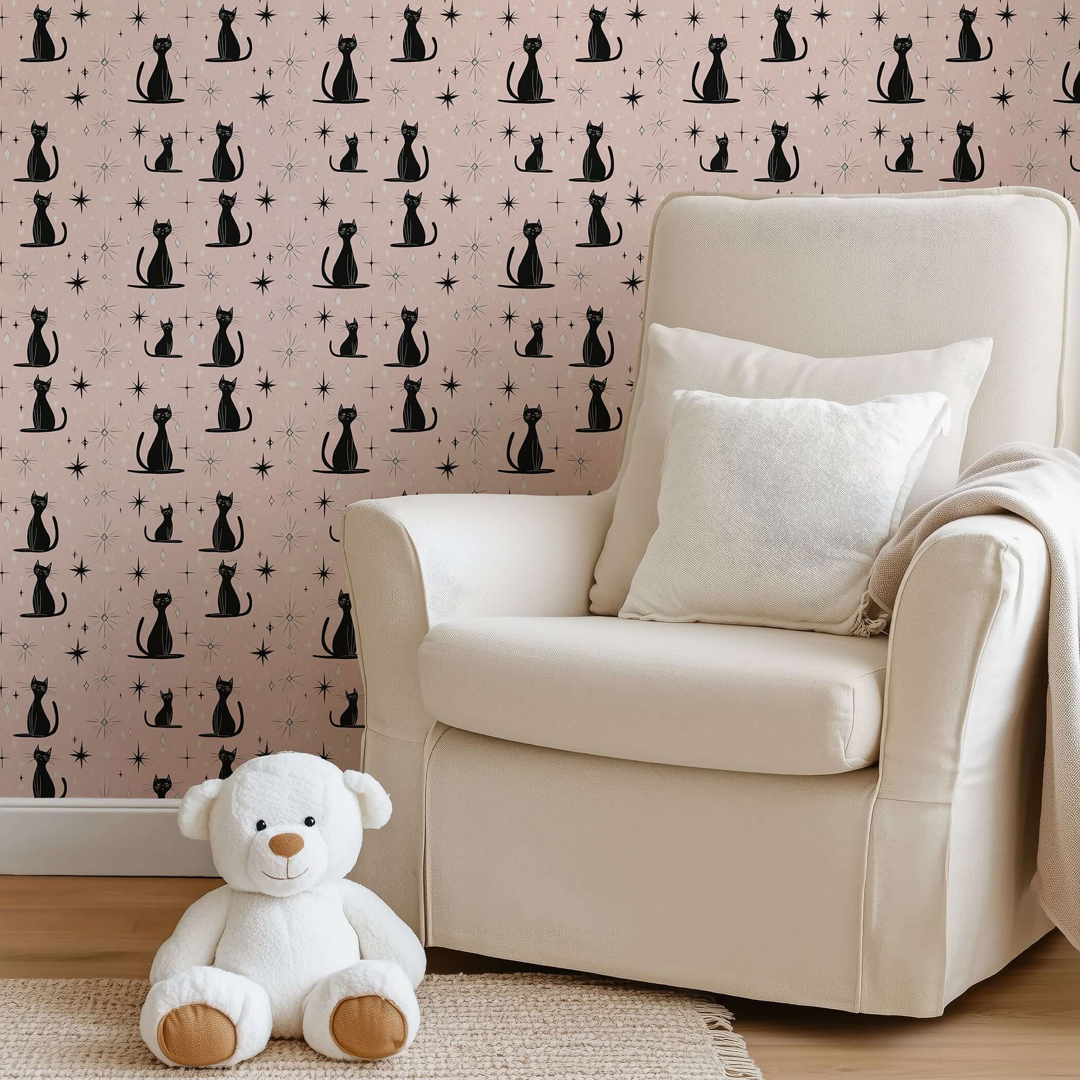 Mid-century modern wallpaper with starry-eyed black cats, perfect for a playful nursery or children's playroom decor.