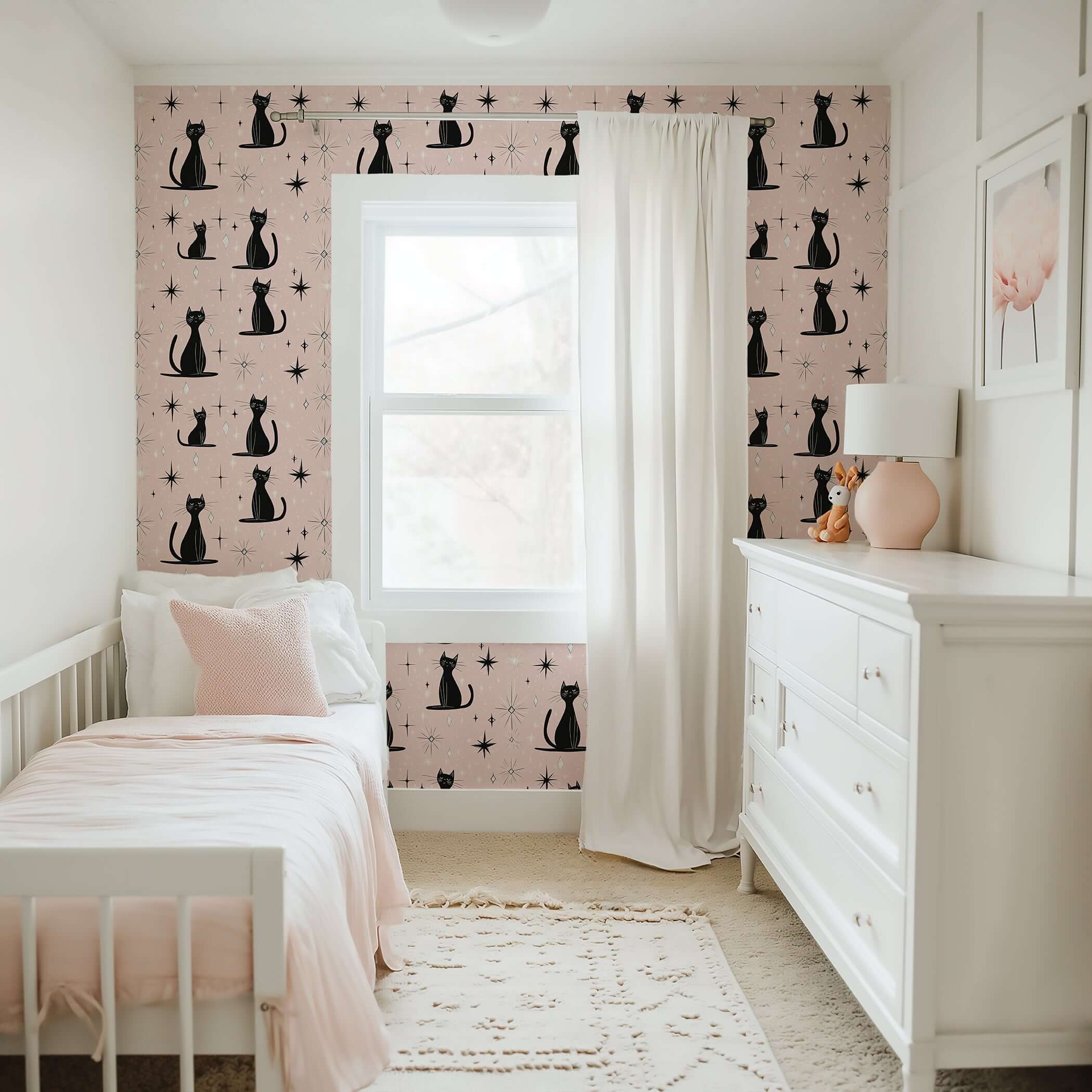 Mid-century modern nursery with Starry-Eyed Kitty wallpaper featuring black cats, perfect for children, kittens, and playrooms.