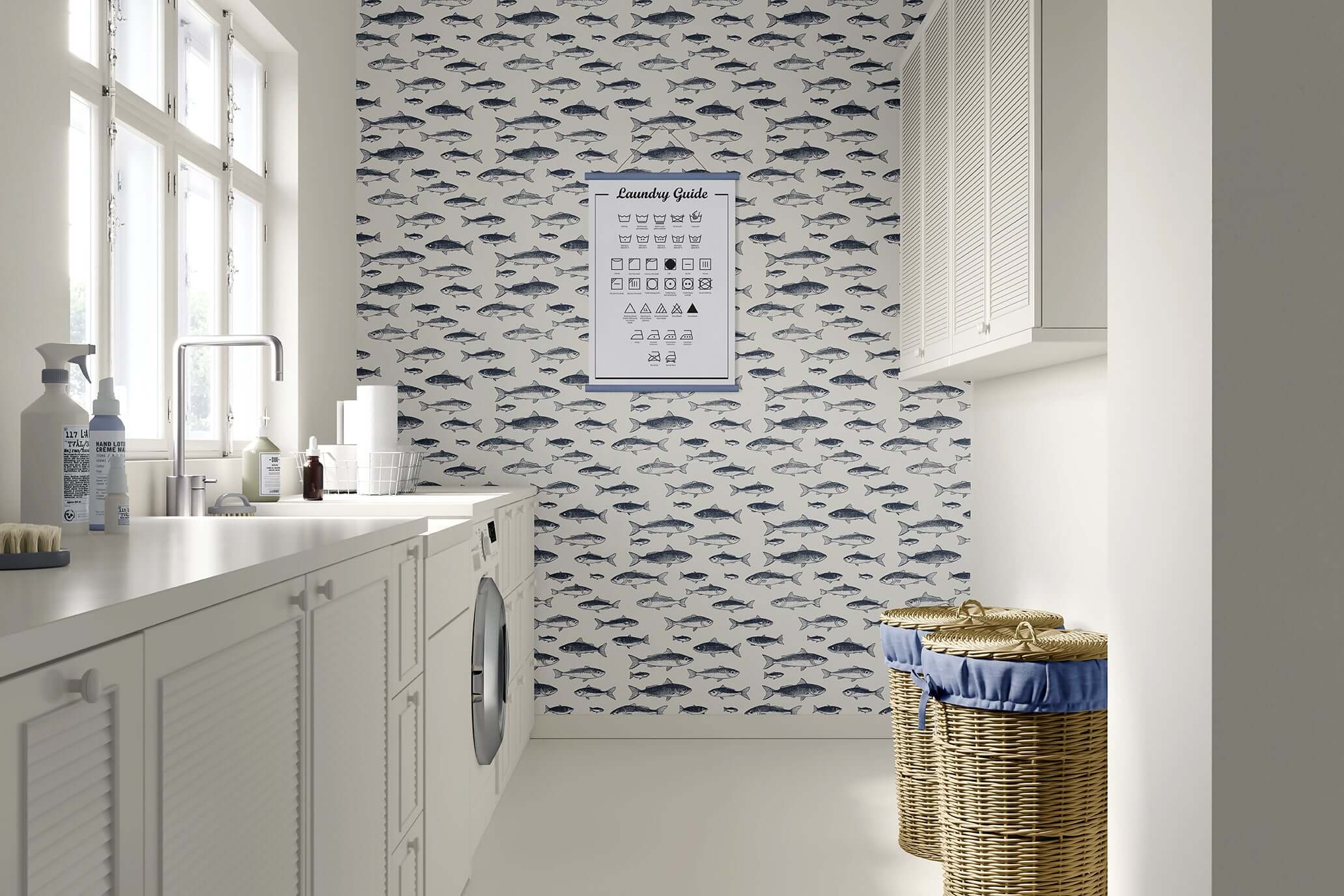 Vintage Fisherman wallpaper featuring hand-drawn fish illustrations in a coastal laundry room, enhancing oceanic charm and sophistication.
