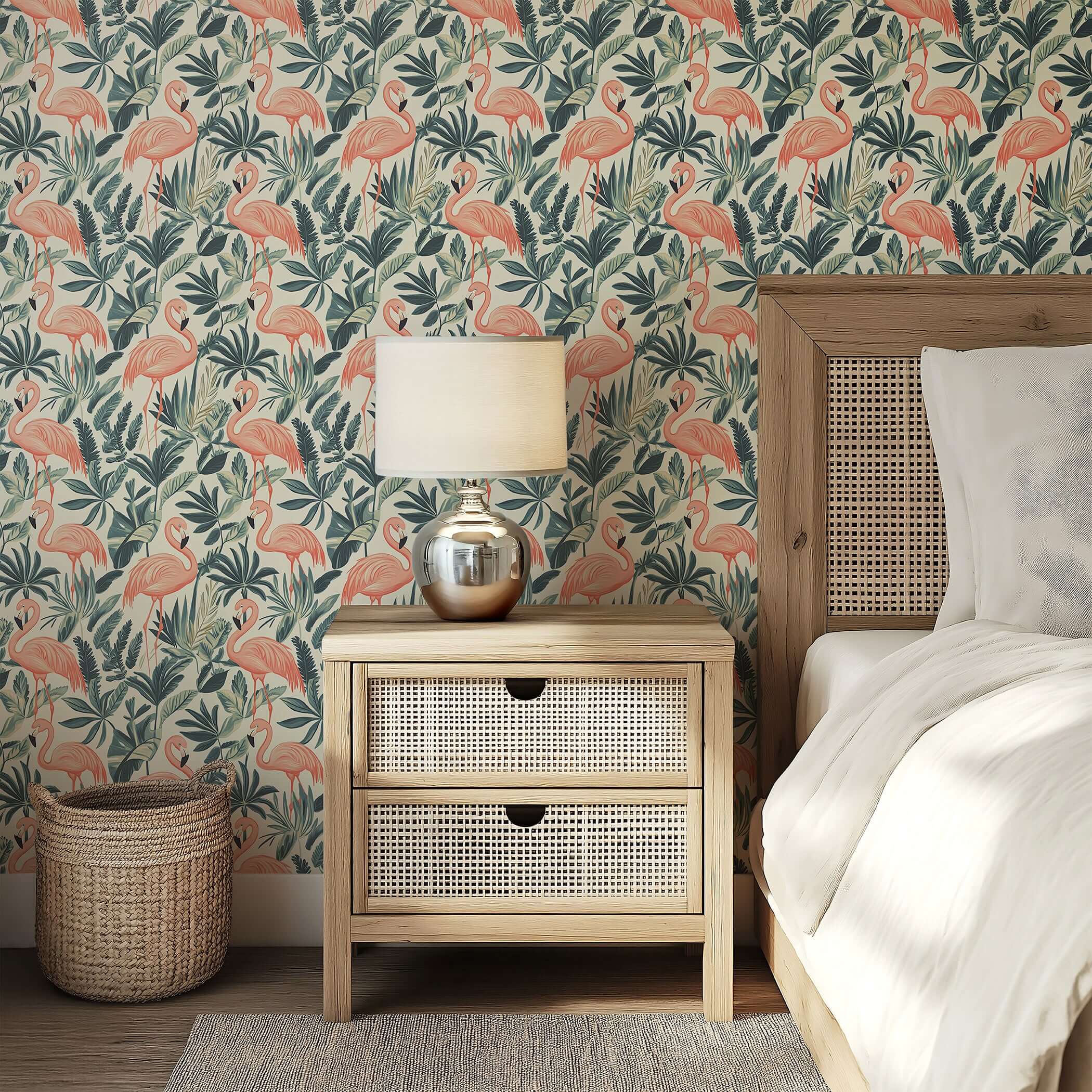Flamingo Oasis wallpaper with elegant pink flamingos and green leaves, creating a mid-century modern coastal vibe in a bedroom setting.