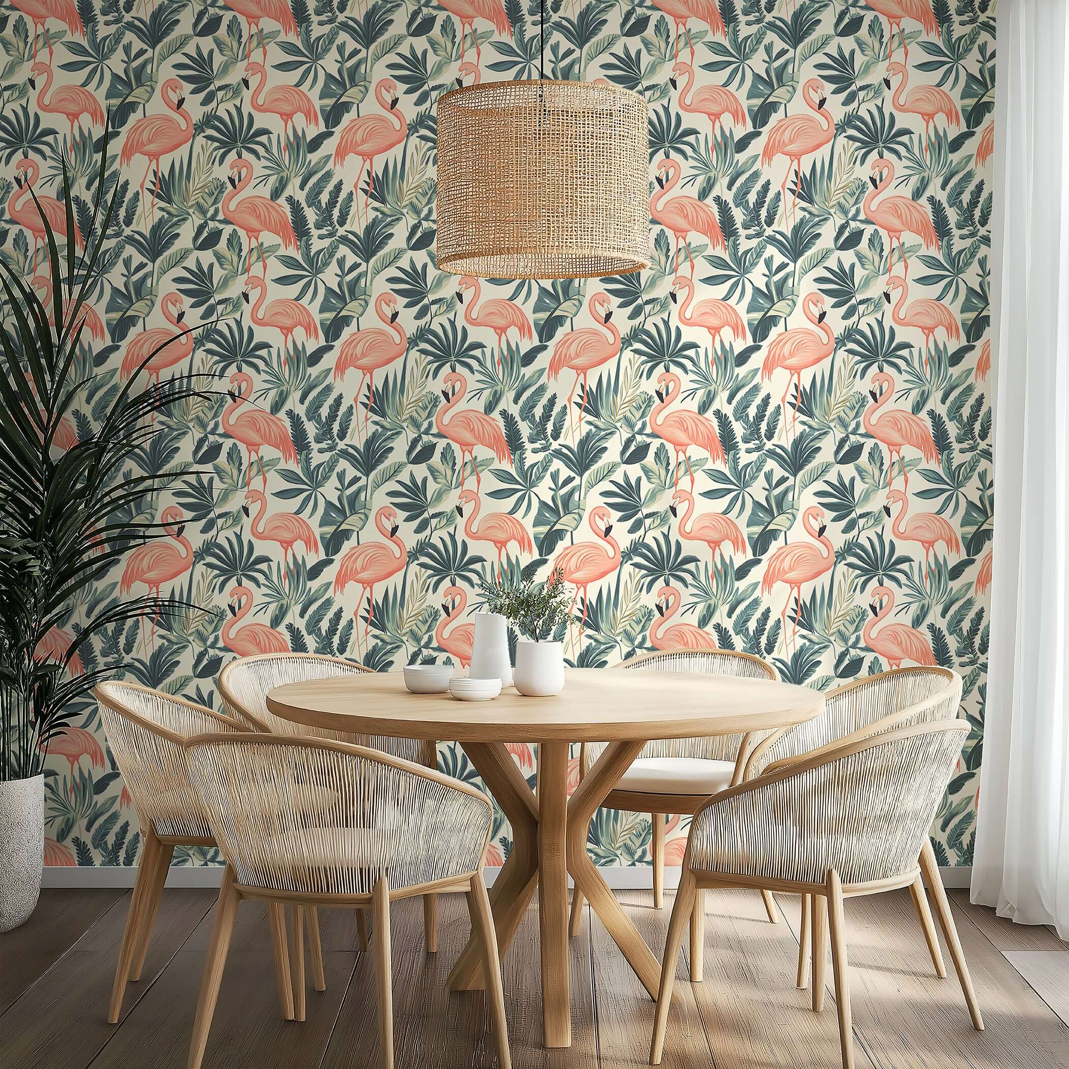 Mid-century modern coastal wallpaper featuring flamingos and lush greenery in a dining room setting.