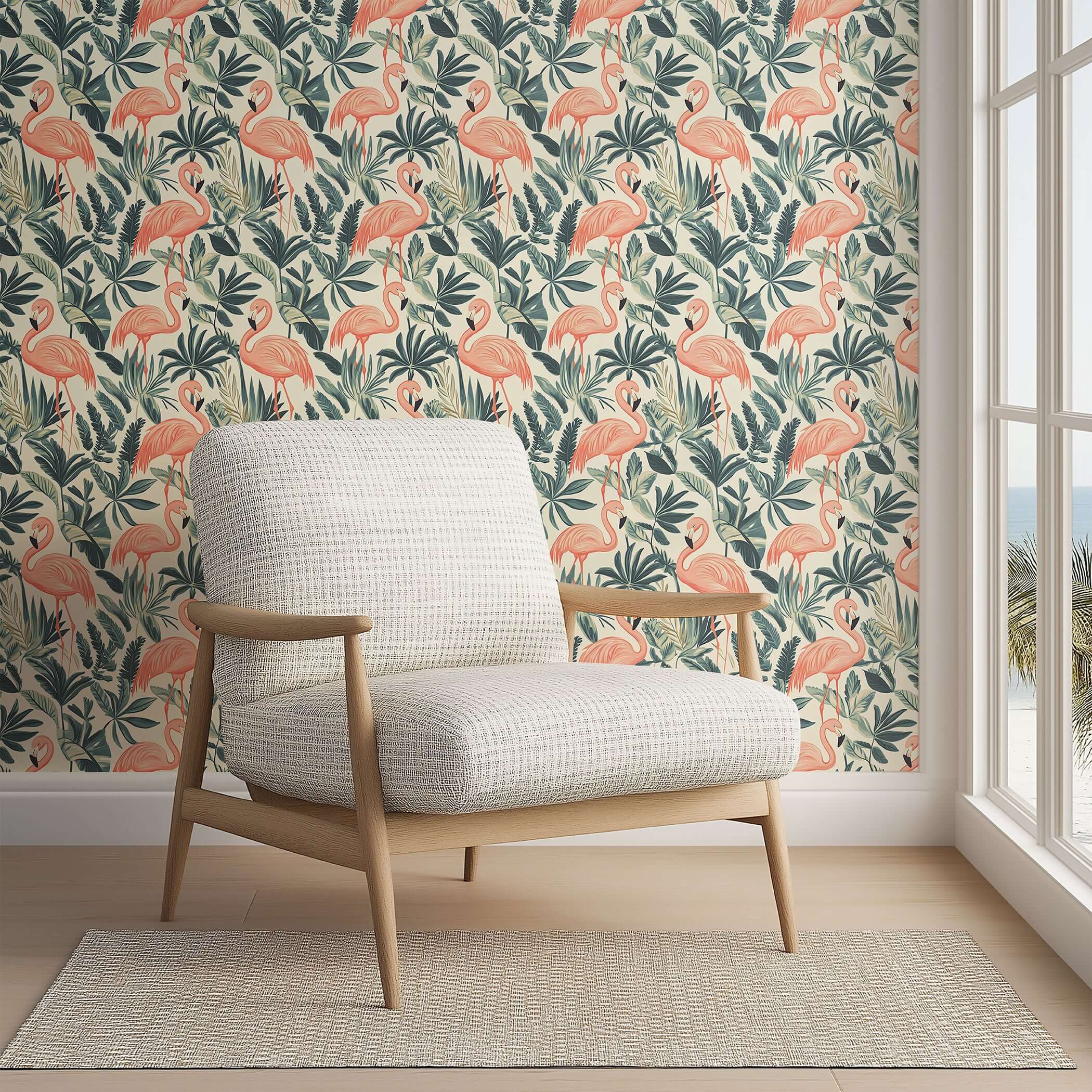 Mid-century modern living room with Flamingo Oasis wallpaper, featuring flamingos and greenery, creating a coastal and elegant ambiance.