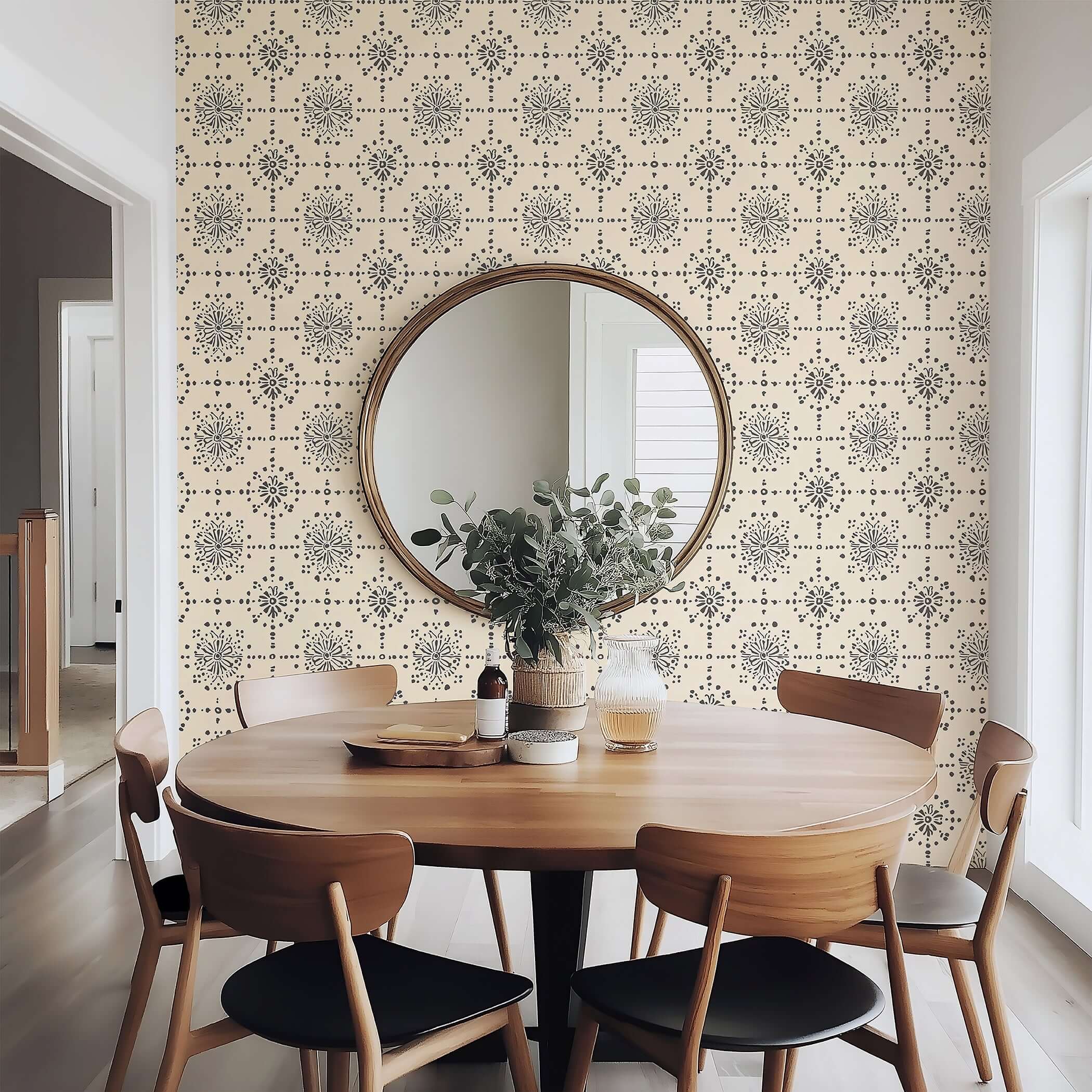 Vintage Vignette wallpaper with geometric tile pattern and warm cream background, enhancing modern design in dining room.