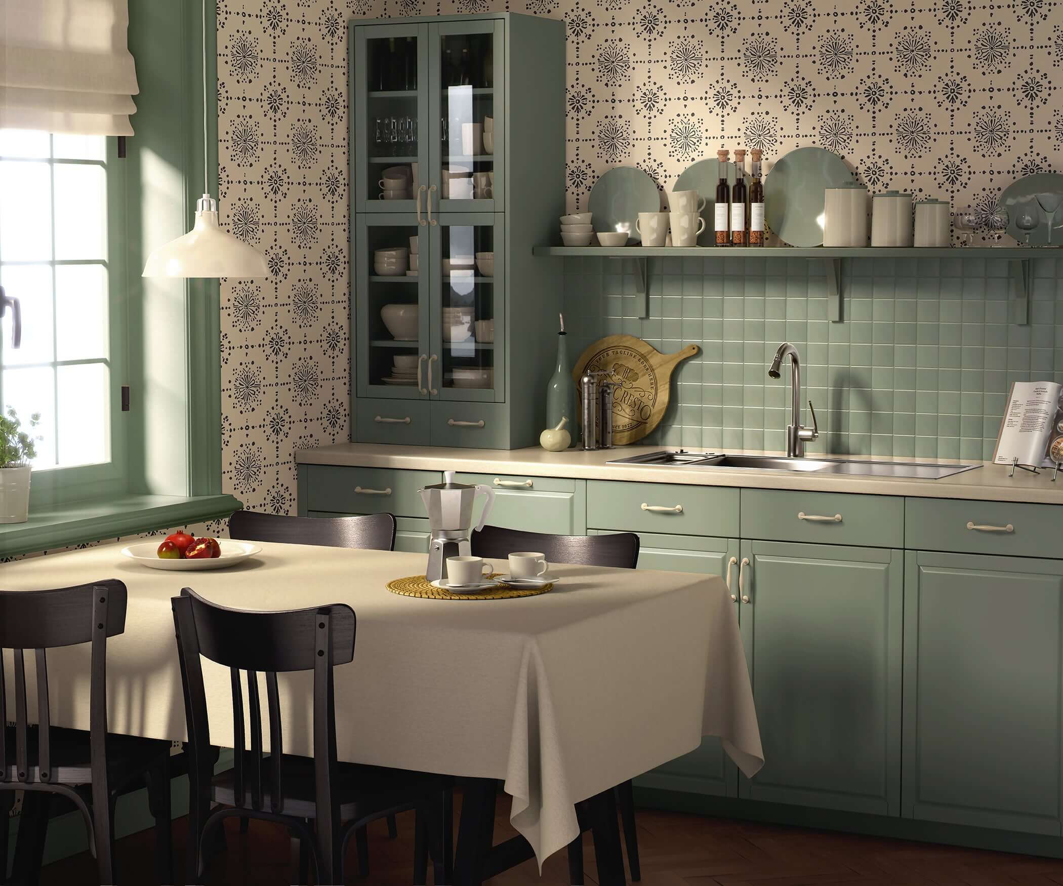 Vintage Vignette Wallpaper with geometric tile pattern in a modern kitchen, featuring soft charcoal and cream colors.