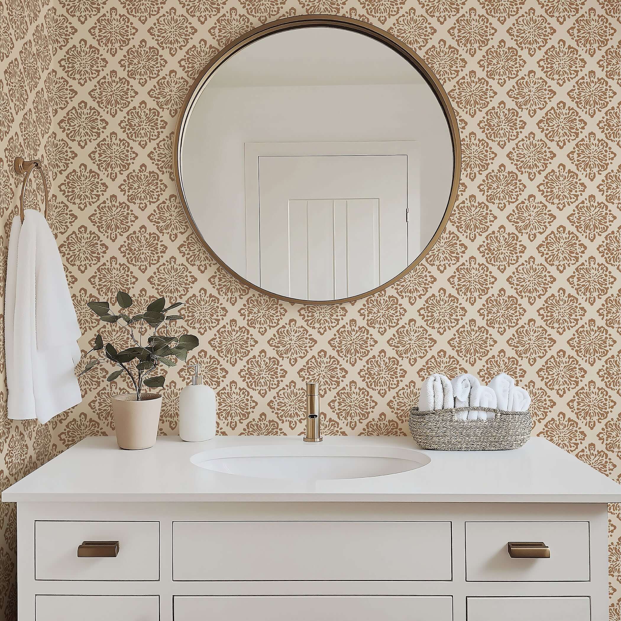 Modern bathroom with Rustic Medallion Elegance wallpaper featuring geometric tile design; round mirror and white vanity.