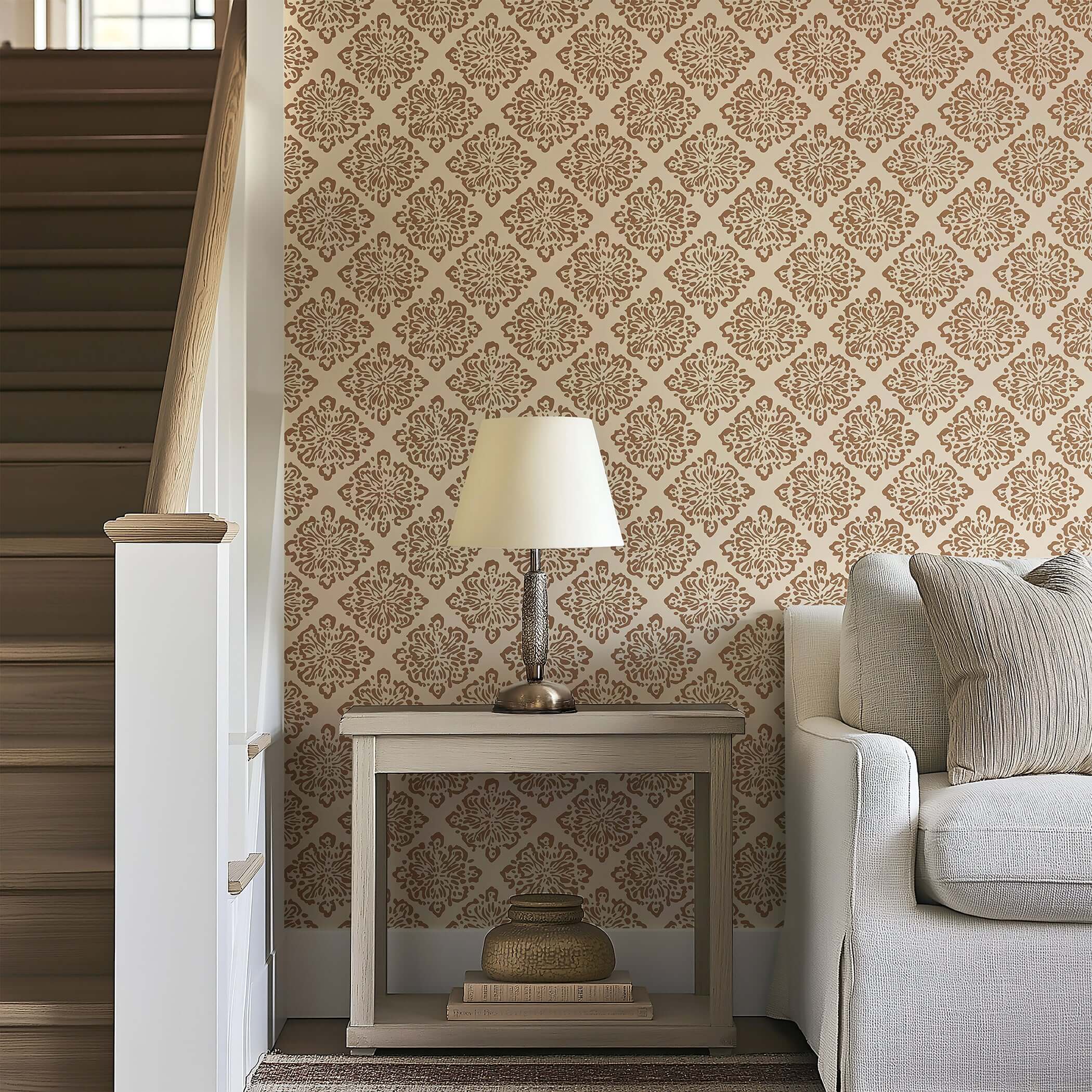 Geometric tile-inspired rustic medallion wallpaper in a cozy living space, blending modern design with classic elegance.