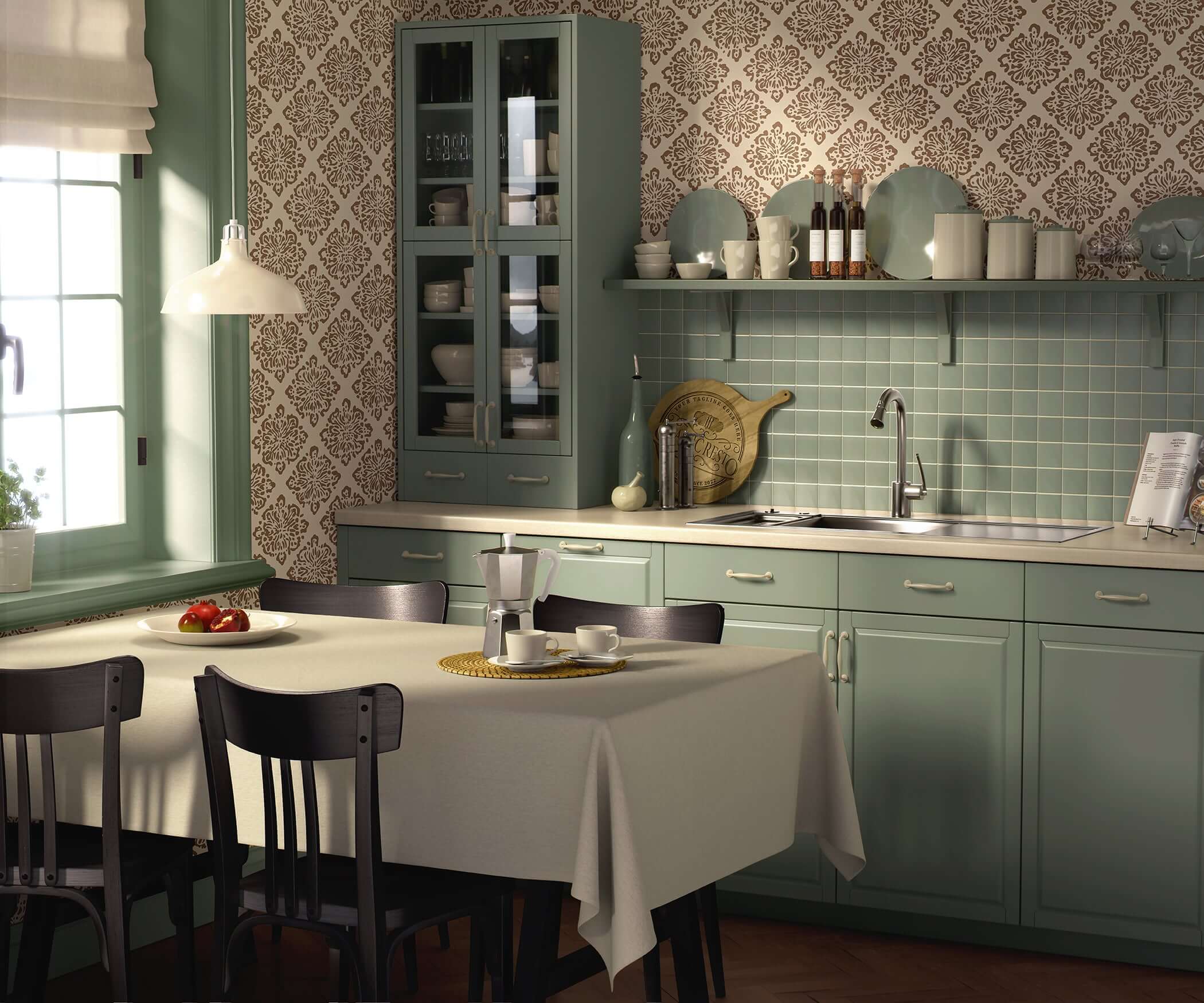 Rustic Medallion Elegance wallpaper in a modern kitchen featuring geometric tile design, earthy tones, and sophisticated decor.