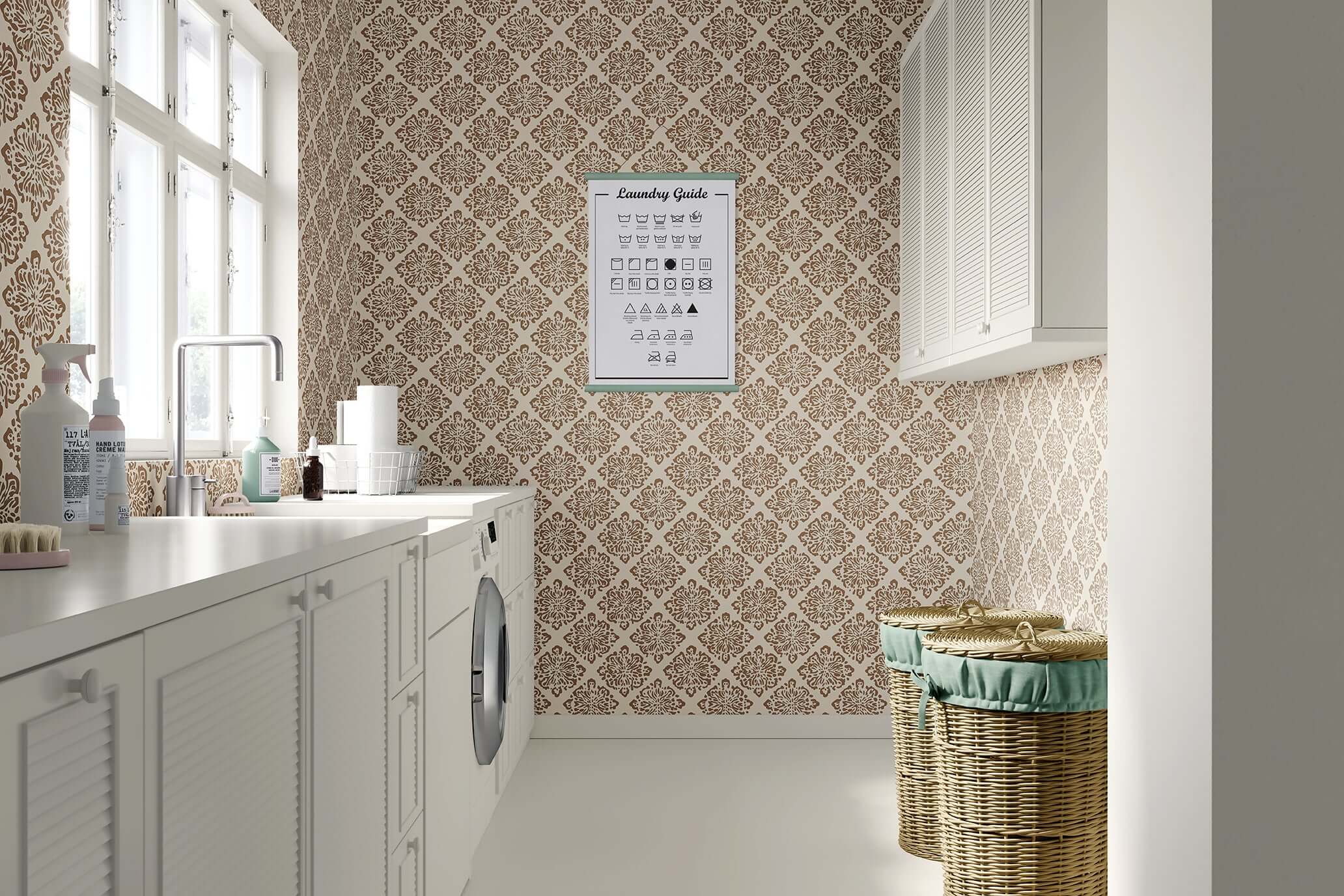 Laundry room with Rustic Medallion Elegance wallpaper featuring geometric tile design in warm tones, creating a modern rustic look.