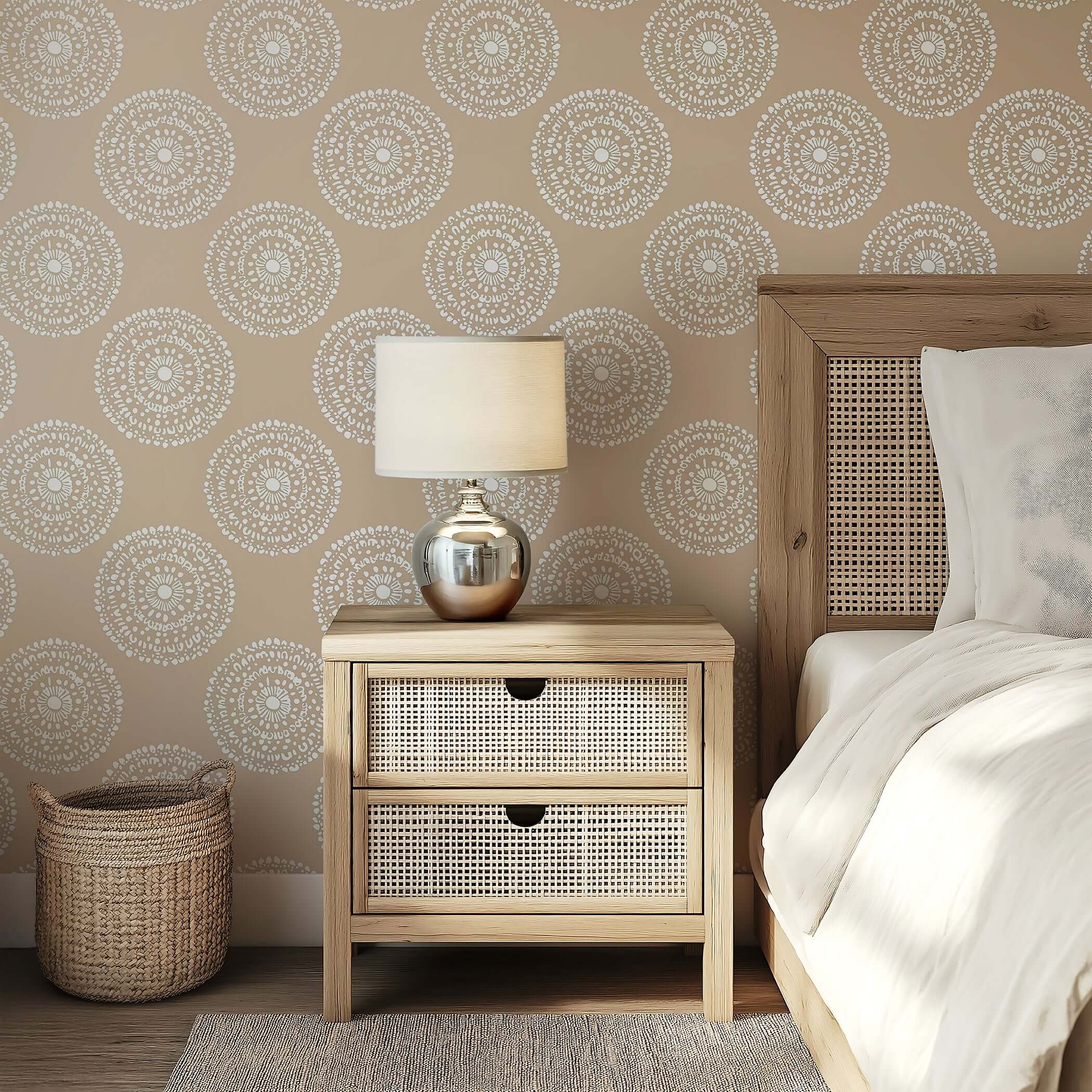 Golden Hour Mandala Wallpaper featuring circles and boho mandalas in golden beige on soft white background for a modern room design.