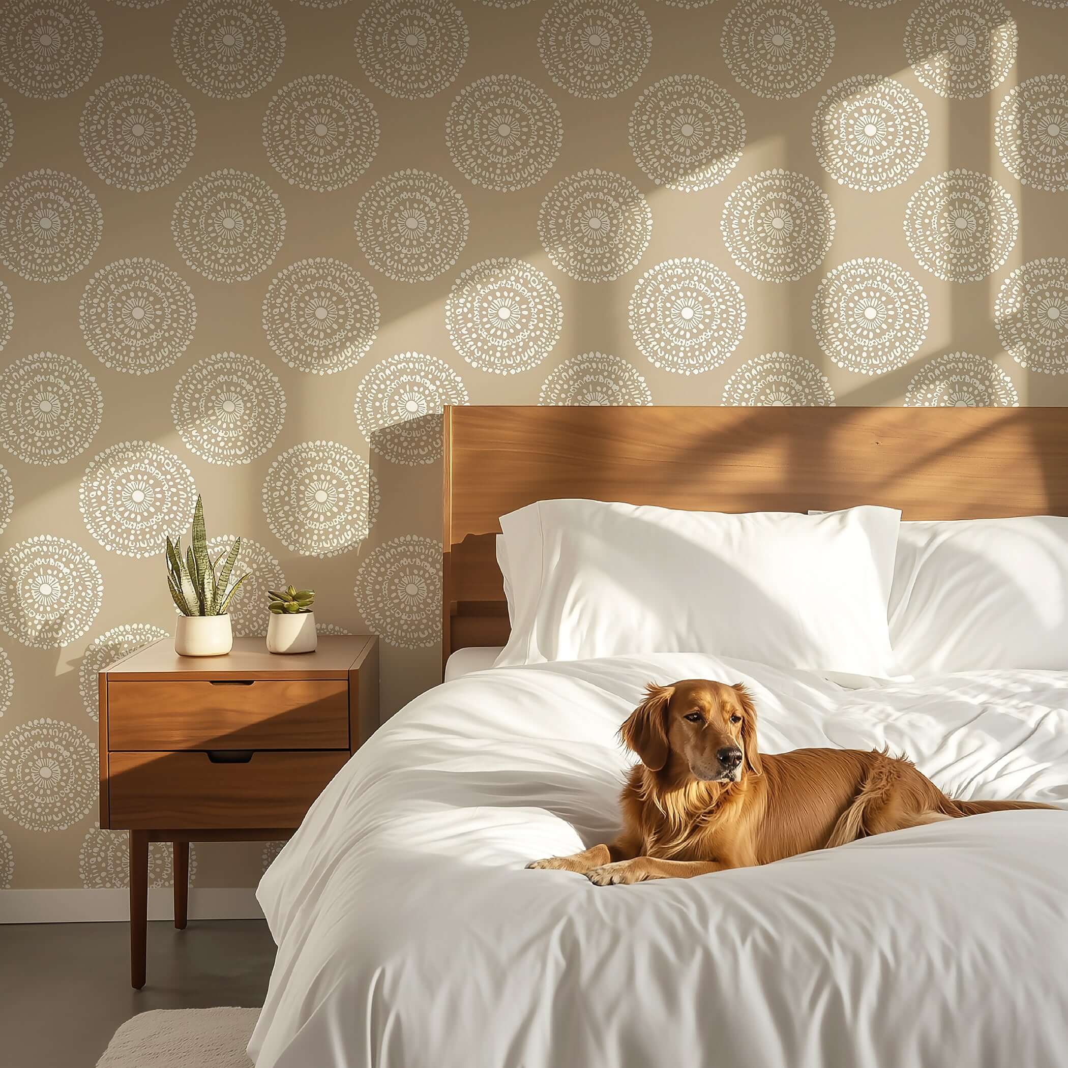 Golden Hour Mandala wallpaper showcasing modern circles and hand-drawn mandalas in a bedroom setting with a dog and plants.