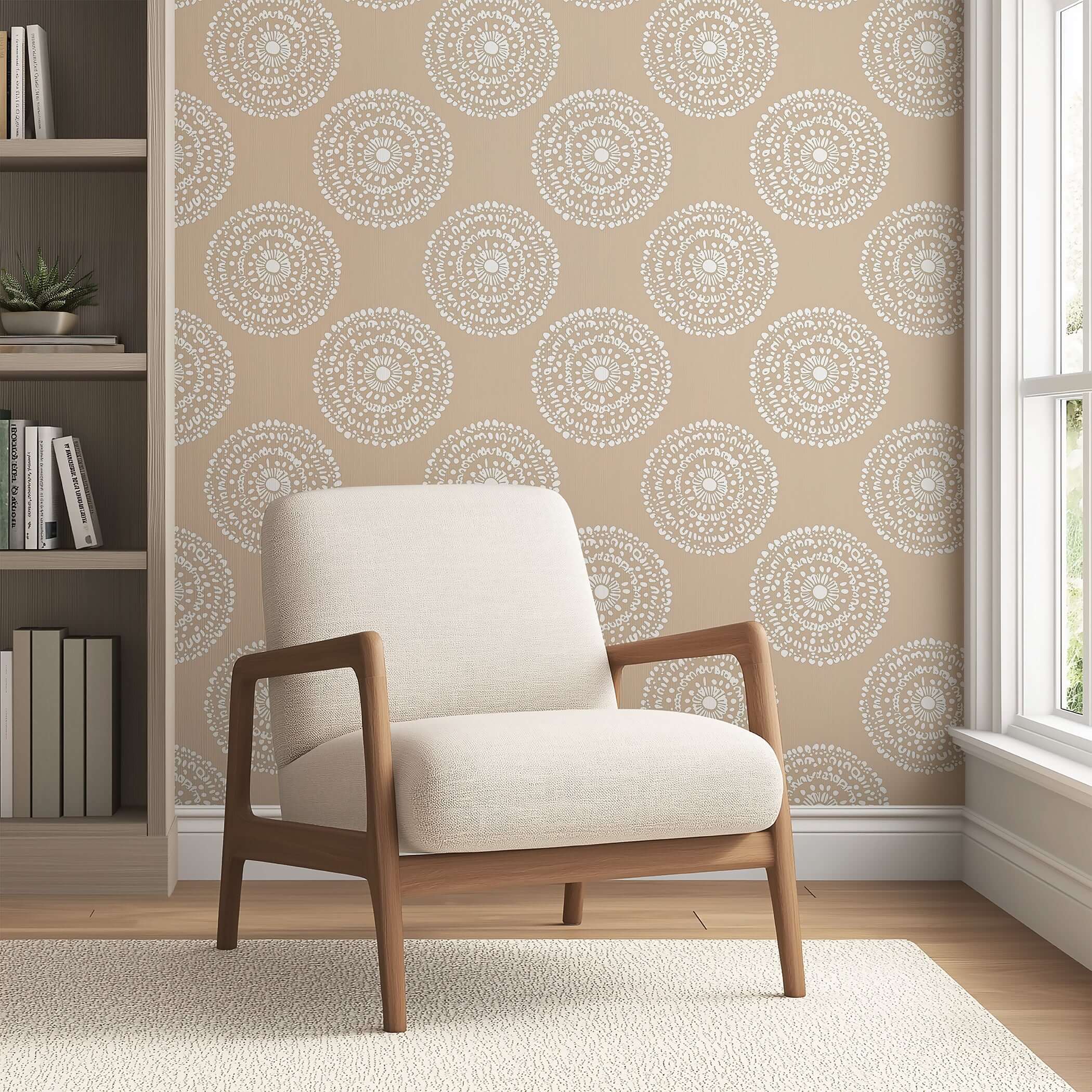 Golden Hour Mandala Wallpaper featuring circles and mandalas in beige and white, enhancing modern room decor with boho flair.