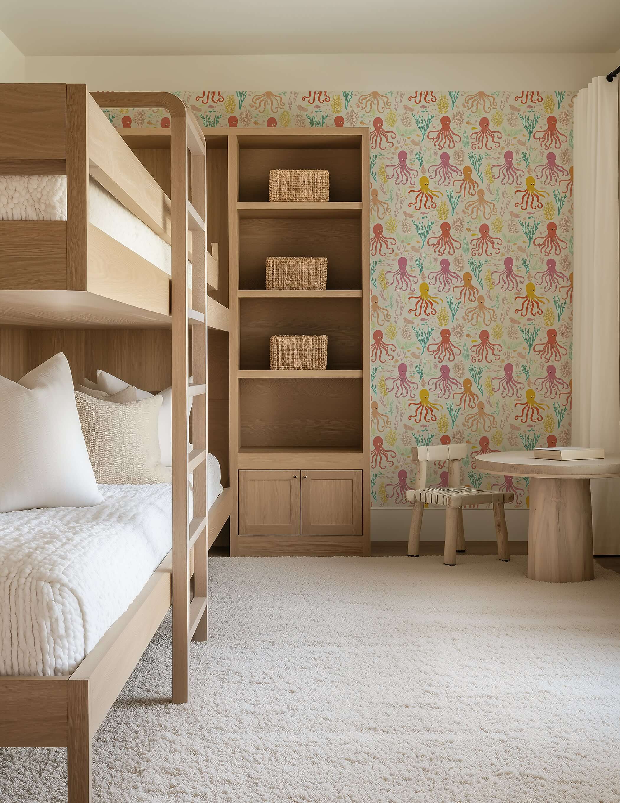 Coastal wallpaper with octopus and coral designed for children's nursery or playroom, adding oceanic charm and playfulness.