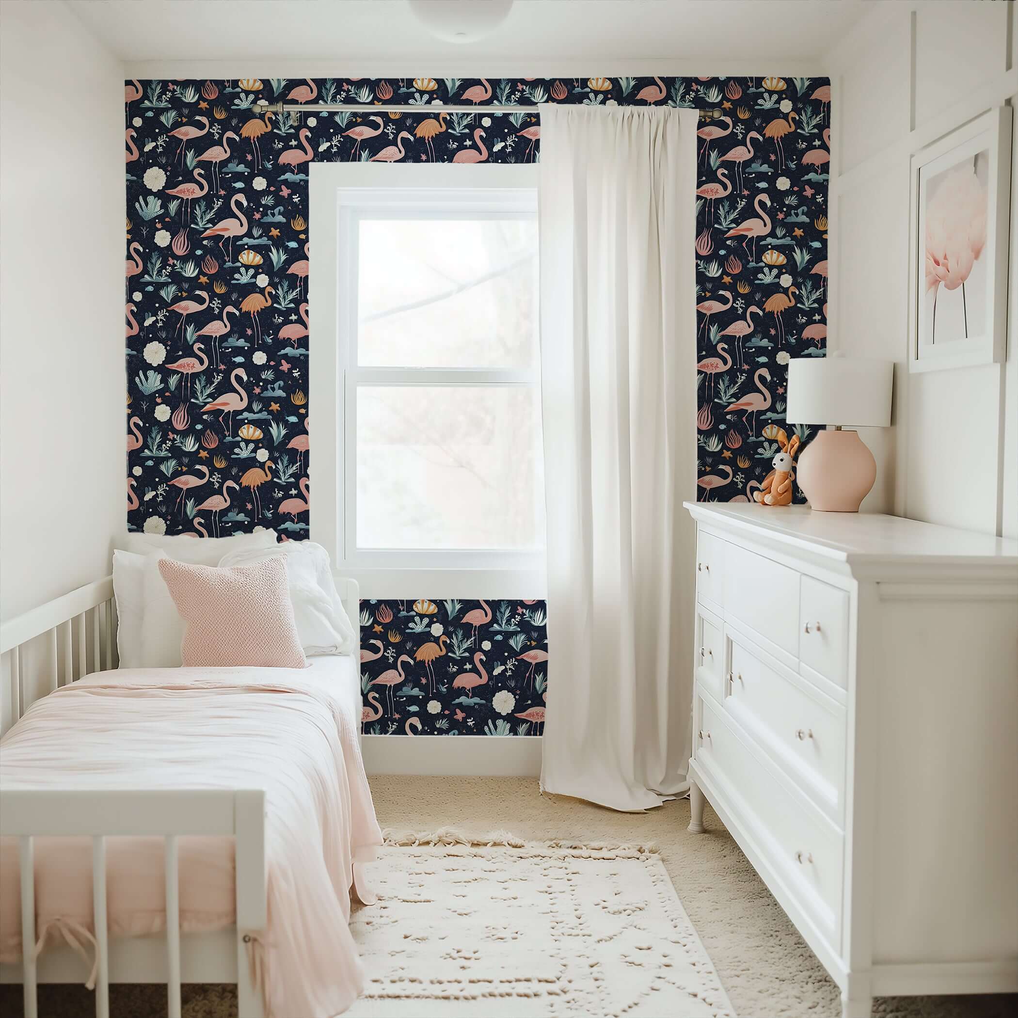 Nighttime Flamingo Lagoon wallpaper in a child's playroom, showcasing navy patterns of flamingos among tropical plants for a coastal vibe.