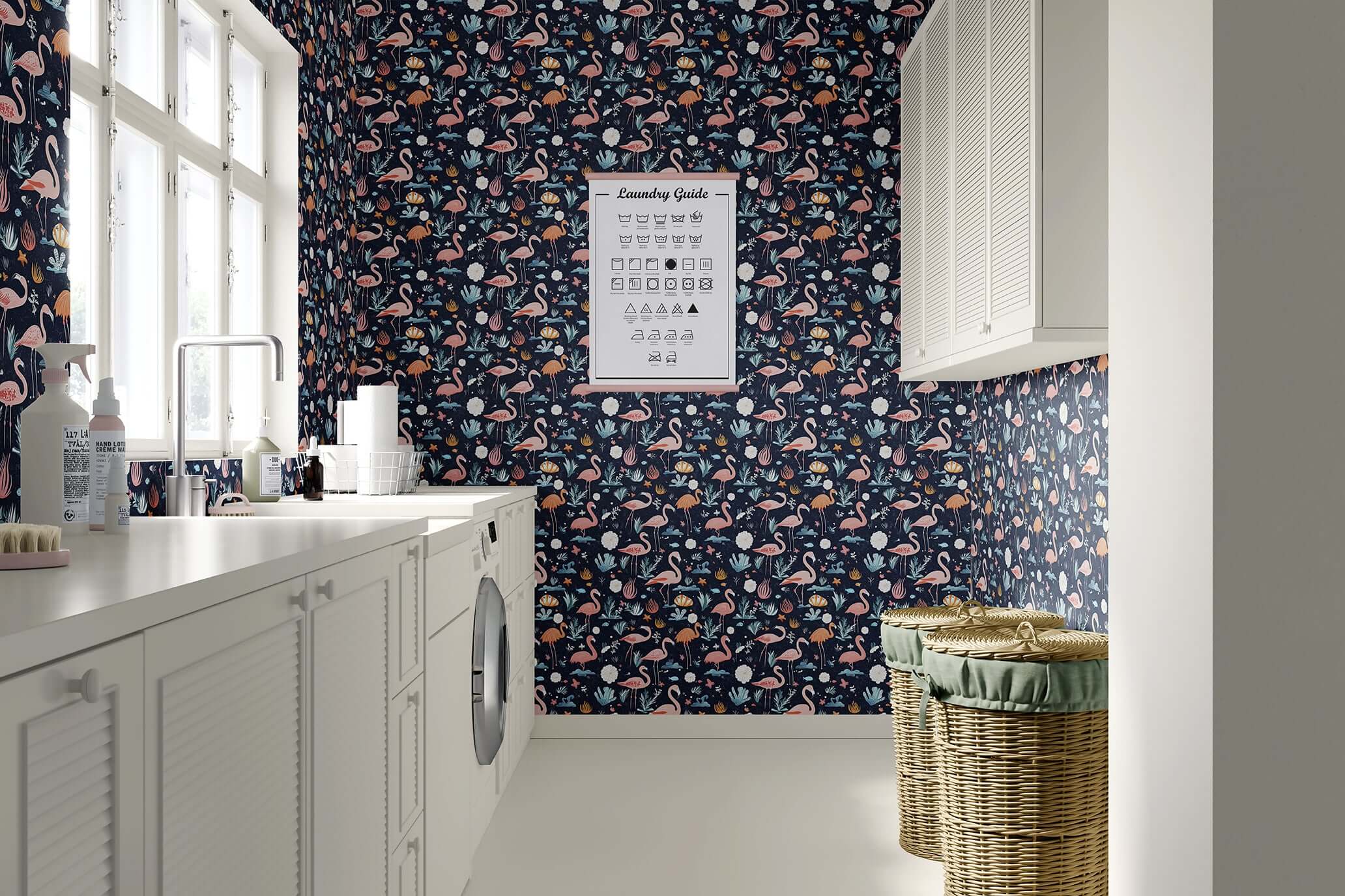 Navy coastal wallpaper featuring flamingos in a moonlit lagoon, ideal for children's playroom, by Wall Artifacts.