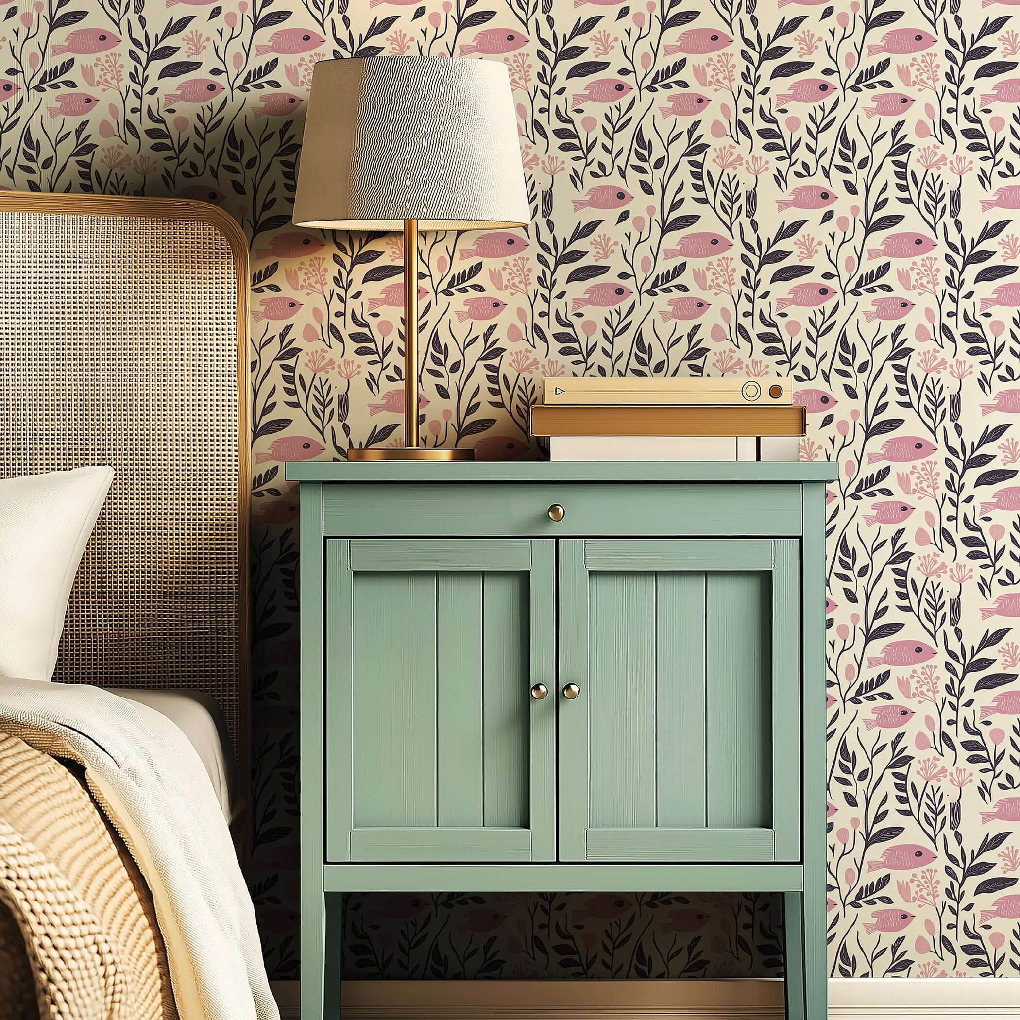 Vintage fish garden wallpaper with pink fish and floral design, coastal and mid-century modern style, enhances room decor.