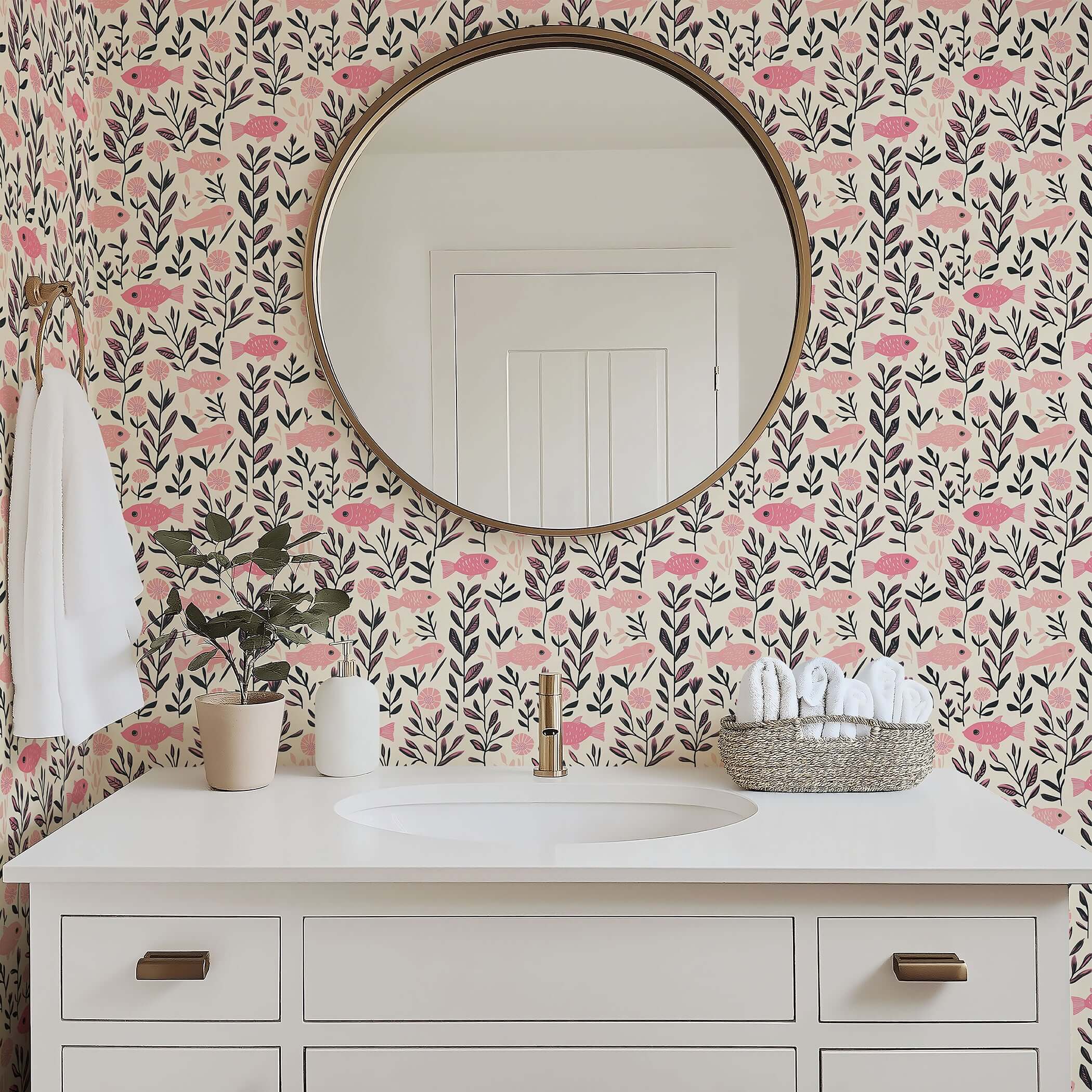 Pink Fish Fantasy wallpaper with soft pink fish and greenery, ideal for creating a whimsical and coastal mid-century modern aesthetic.