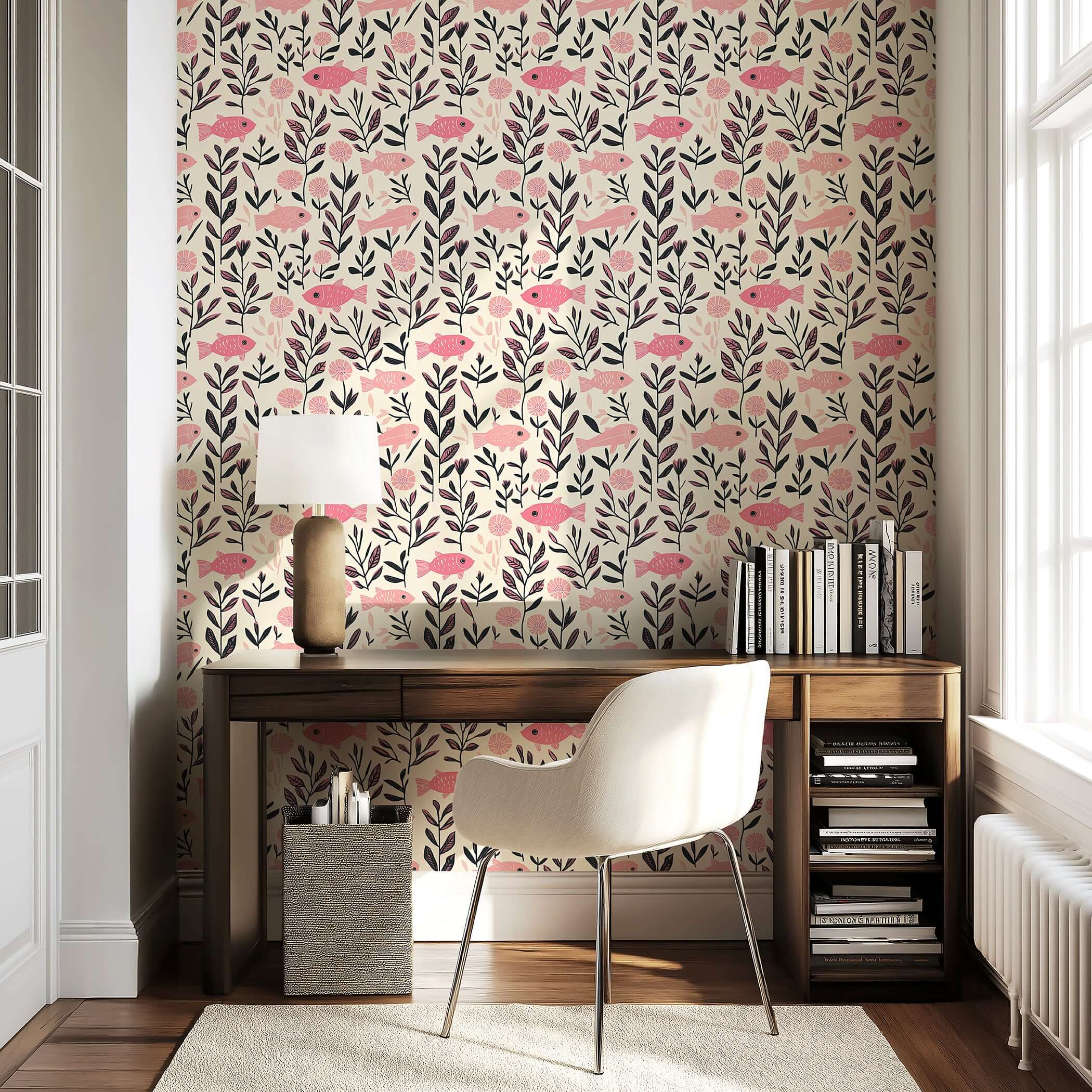 Pink Fish Fantasy wallpaper with pink fish and seaweed design, ideal for mid-century modern nurseries, coastal themes, and creative spaces.
