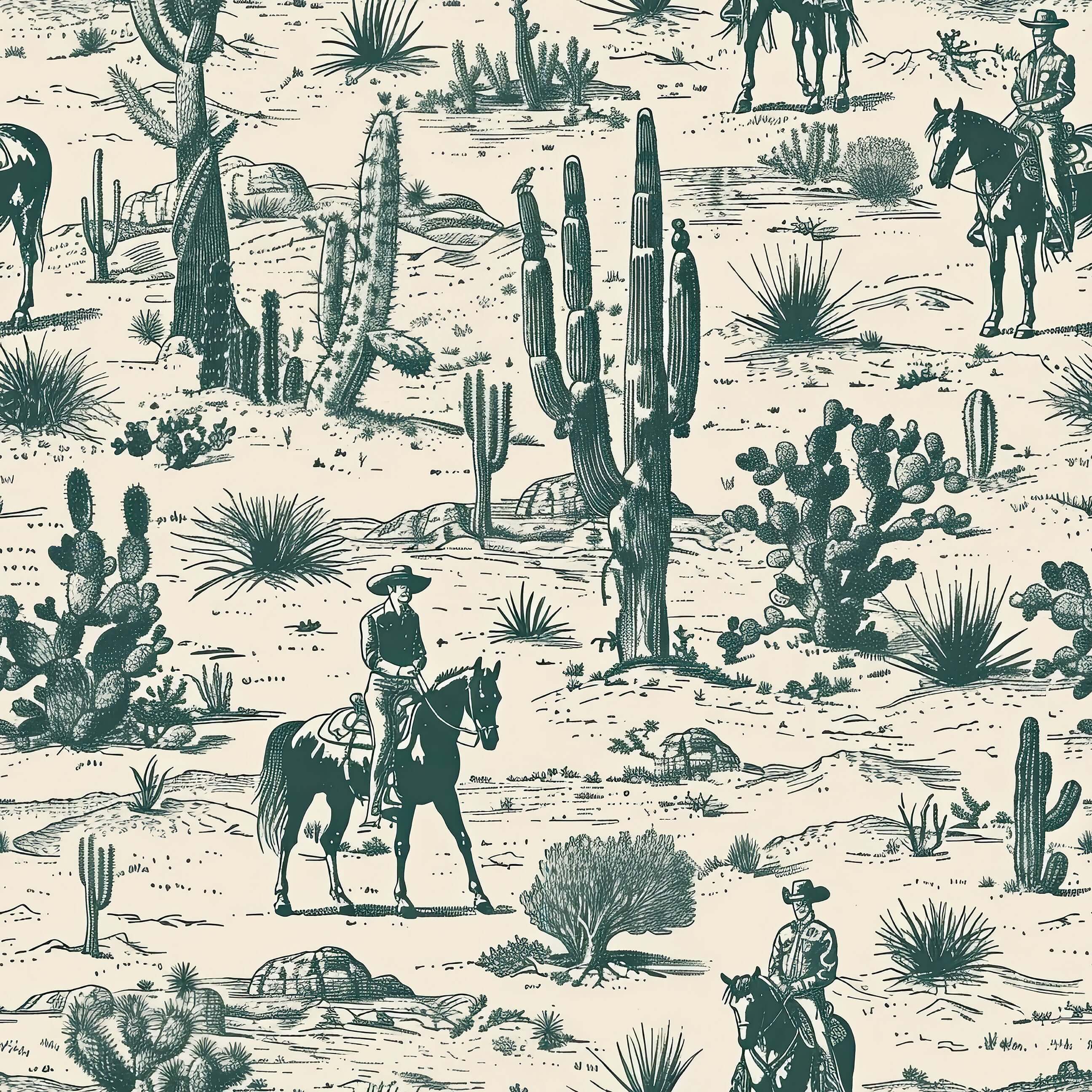 Vintage Cowboy Trails toile wallpaper with cowboys, horses, deserts, and cacti for a rustic Western-themed decor.