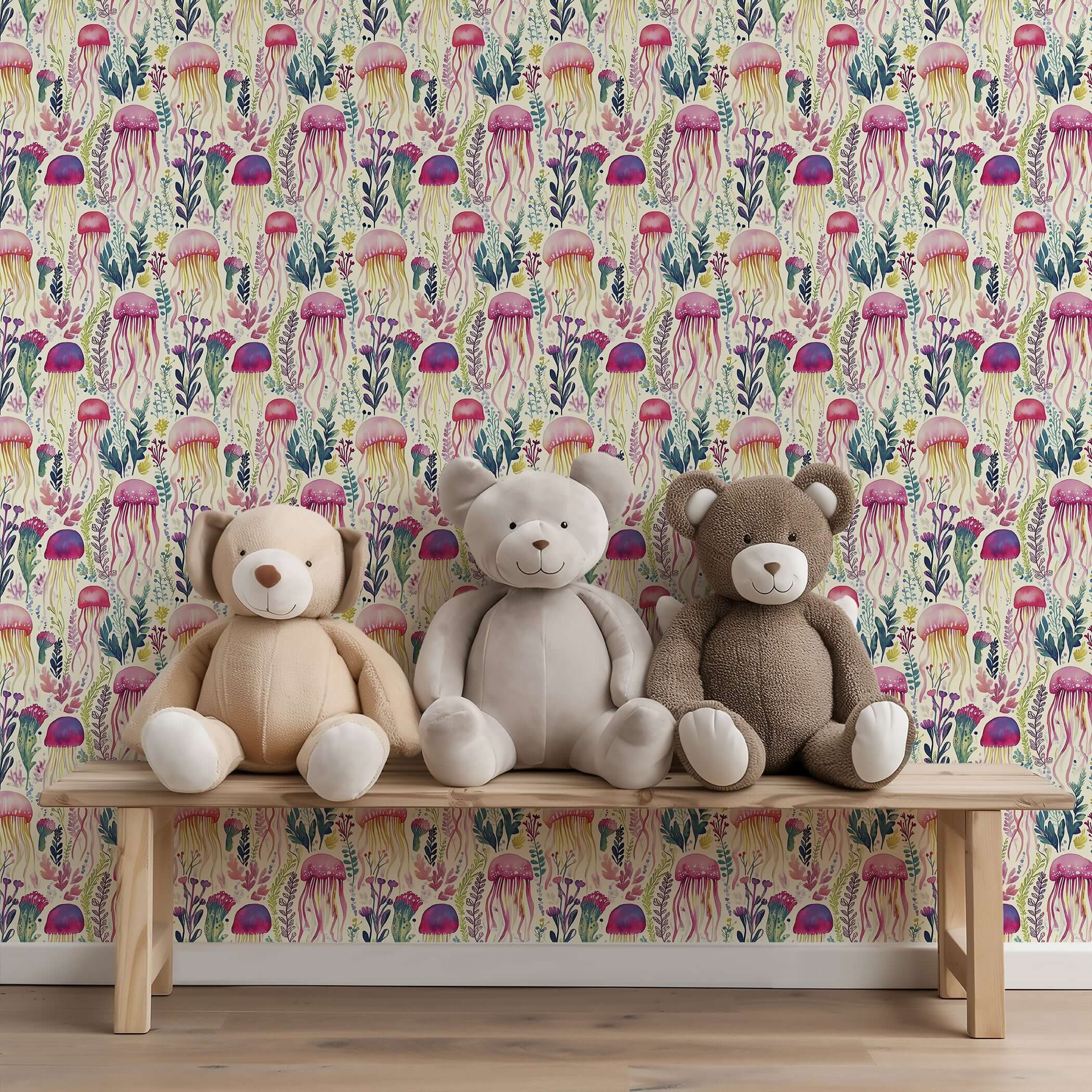 Colorful jellyfish wallpaper with whimsical sea flora, creating a coastal vibe, ideal for nurseries or children's rooms. Enchanted Jelly Blooms.