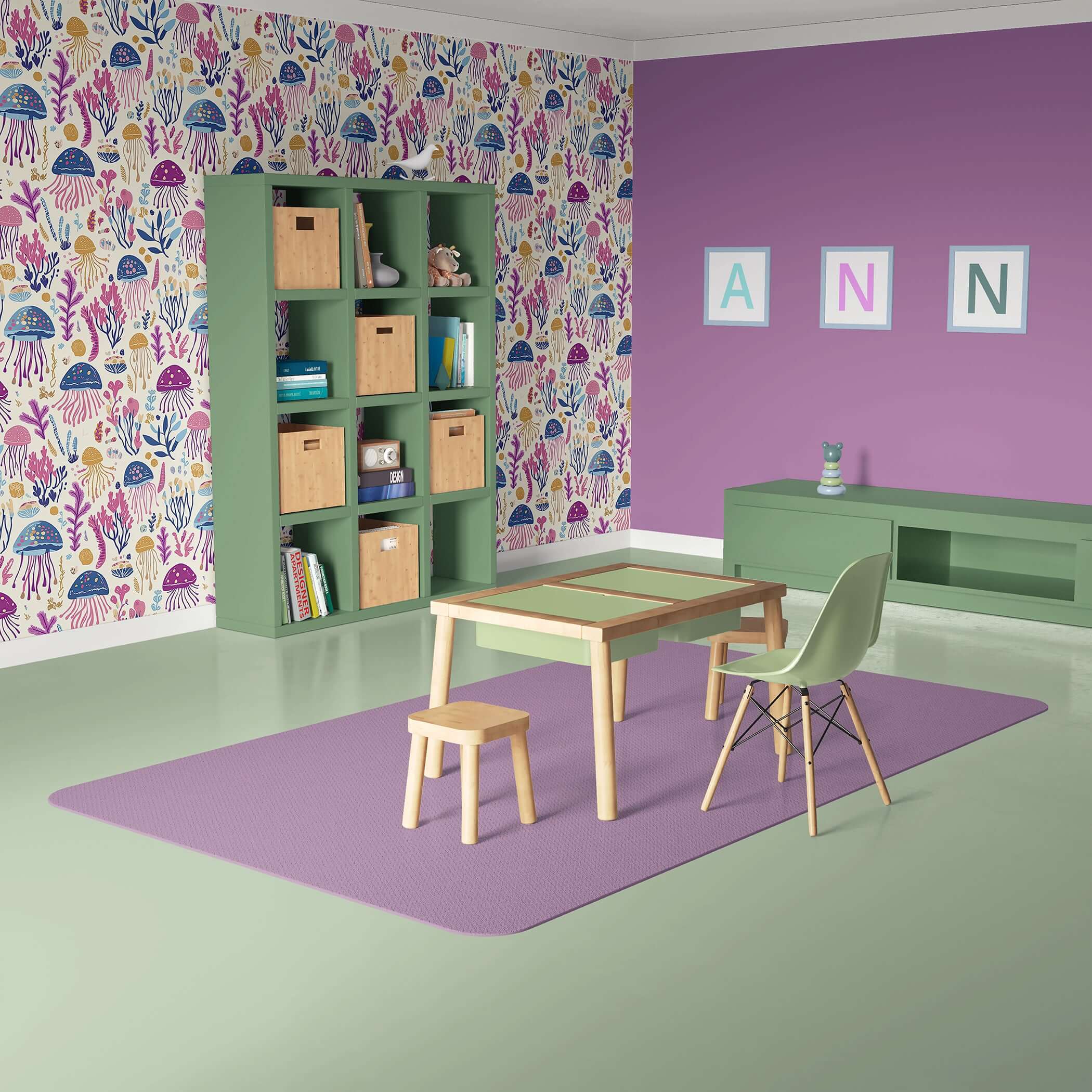 Vibrant nursery with "Jelly Drifts" wallpaper featuring colorful jellyfish, ideal for baby and children's playroom or creative spaces.