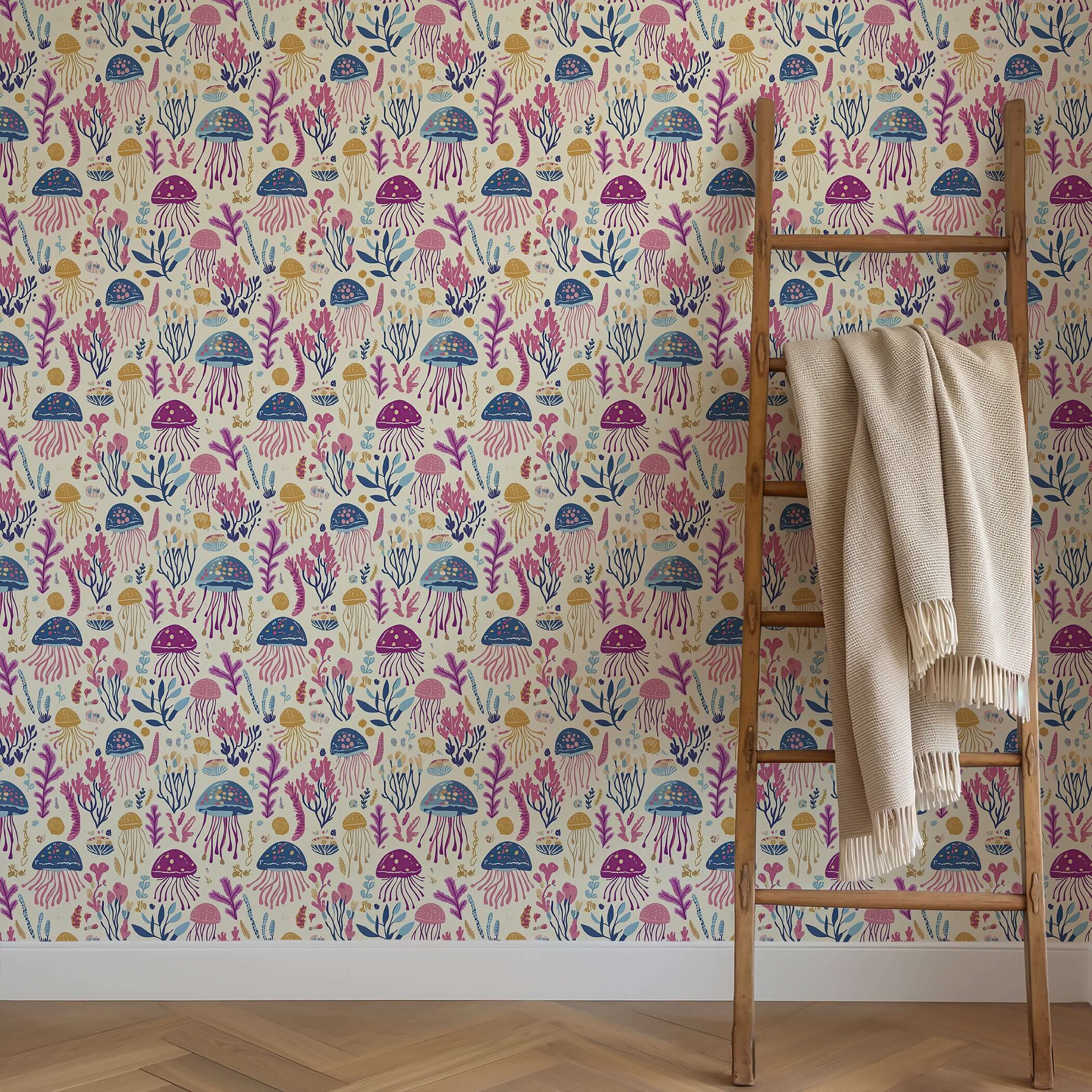 Jelly Drifts wallpaper showcasing colorful jellyfish with sea plants in a vibrant ocean-inspired design, perfect for nurseries.