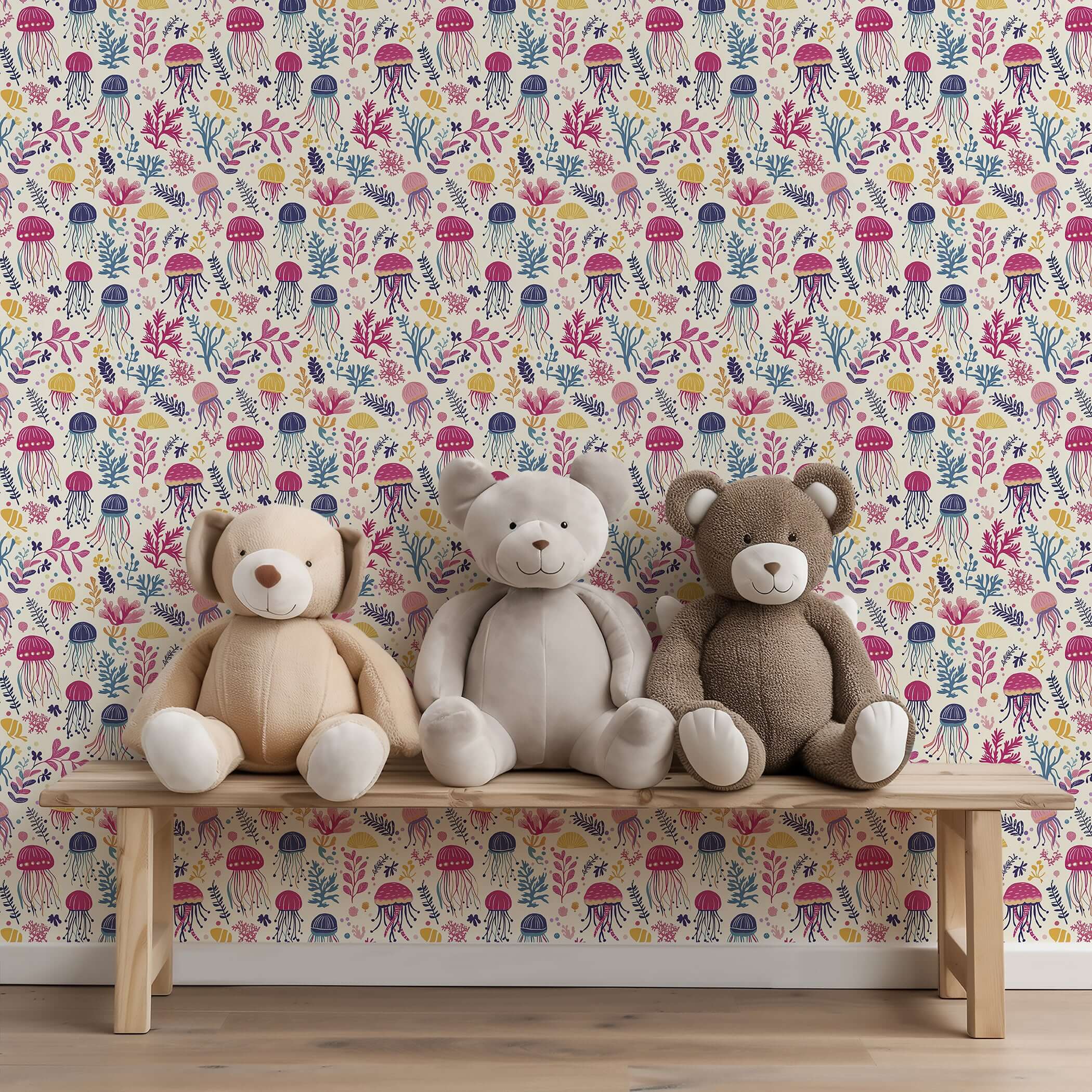 Jellyfish wallpaper with stuffed animals creates a playful, marine-themed nursery perfect for babies and children's playrooms.