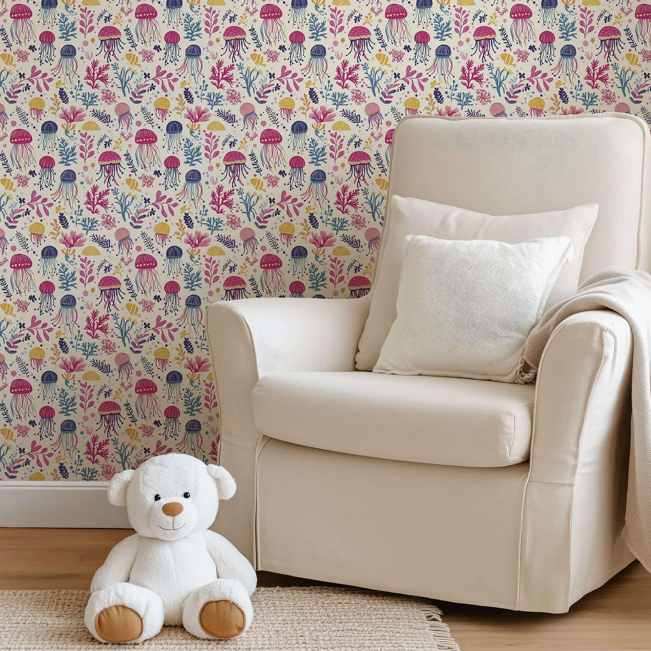 Jelly Drifts II wallpaper with colorful jellyfish in a nursery setting, perfect for kids' rooms and playrooms.