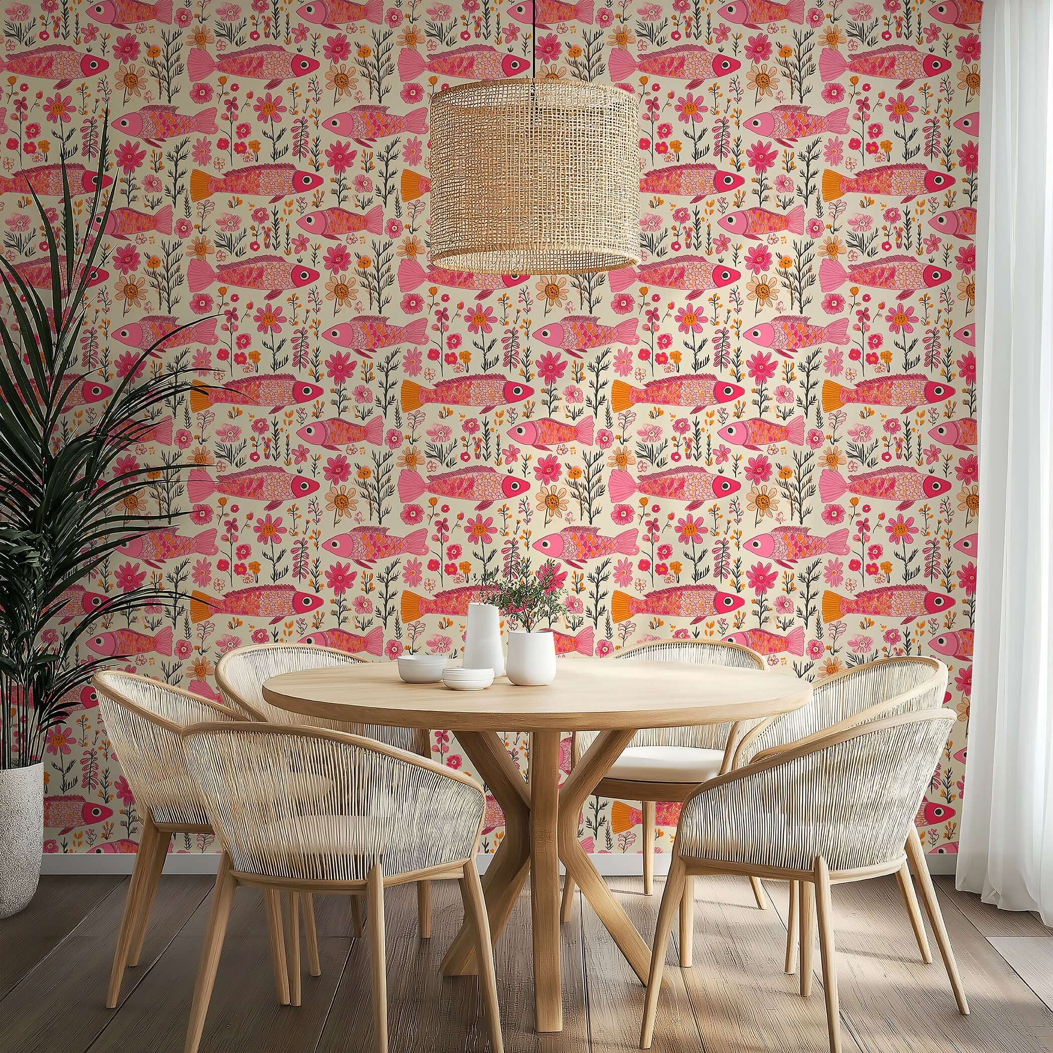 Floral Fins wallpaper featuring whimsical pink fish and vibrant garden florals, perfect coastal wallpaper for a cheerful, eclectic room.