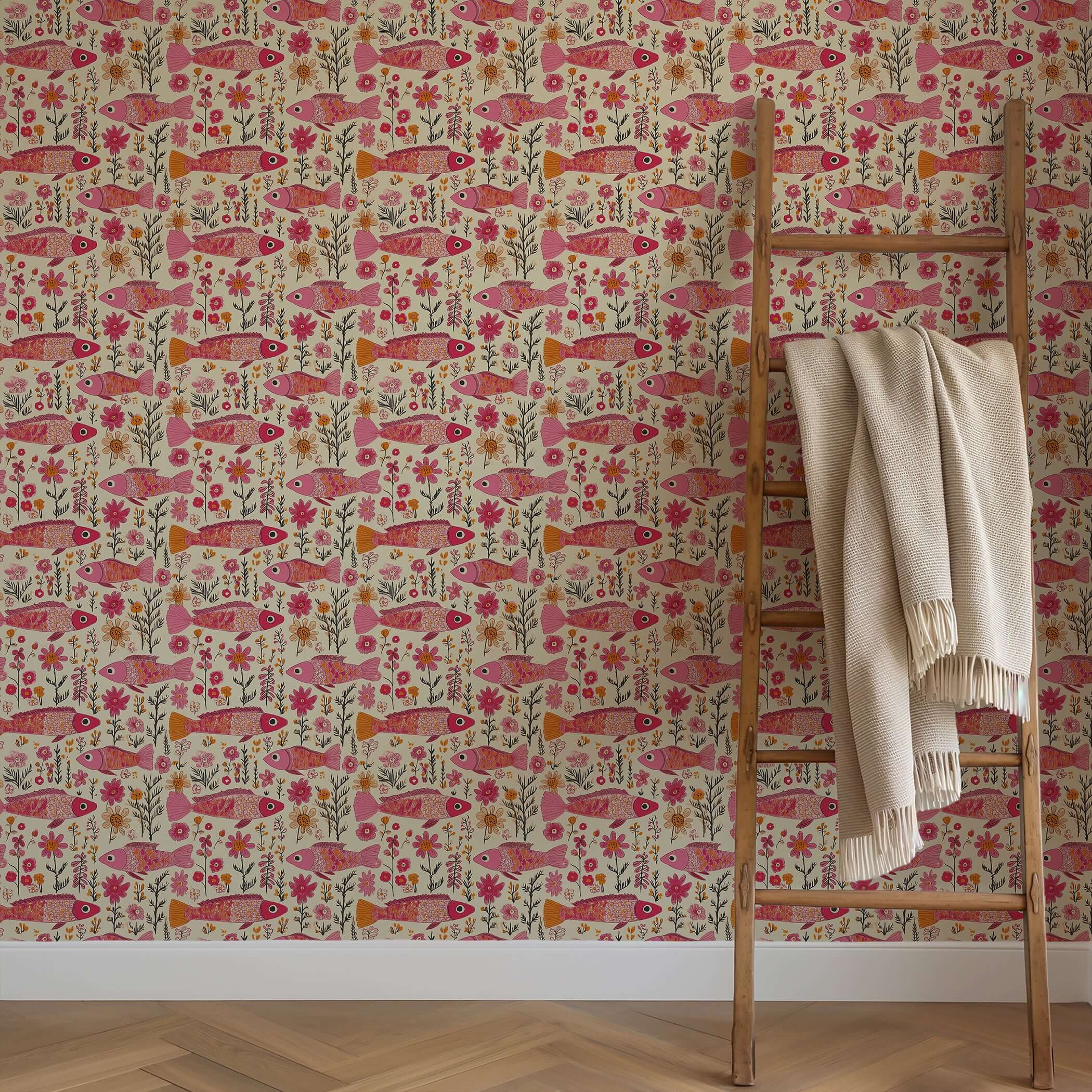 Floral Fins wallpaper with pink fish and vibrant flora, creating a coastal charm in fuchsia and coral hues. Ideal for colorful decor.