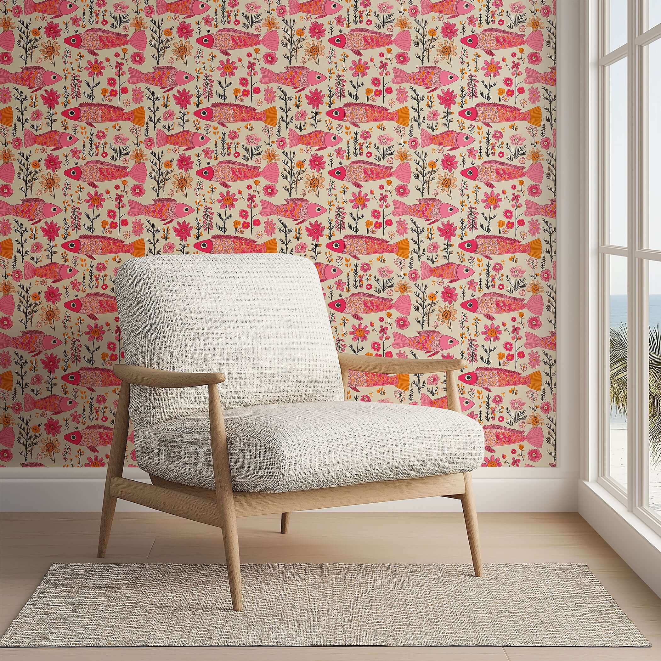 Floral Fins coastal wallpaper with pink fish and vibrant florals in fuchsia, coral, and orange. Adds whimsical charm to any room.