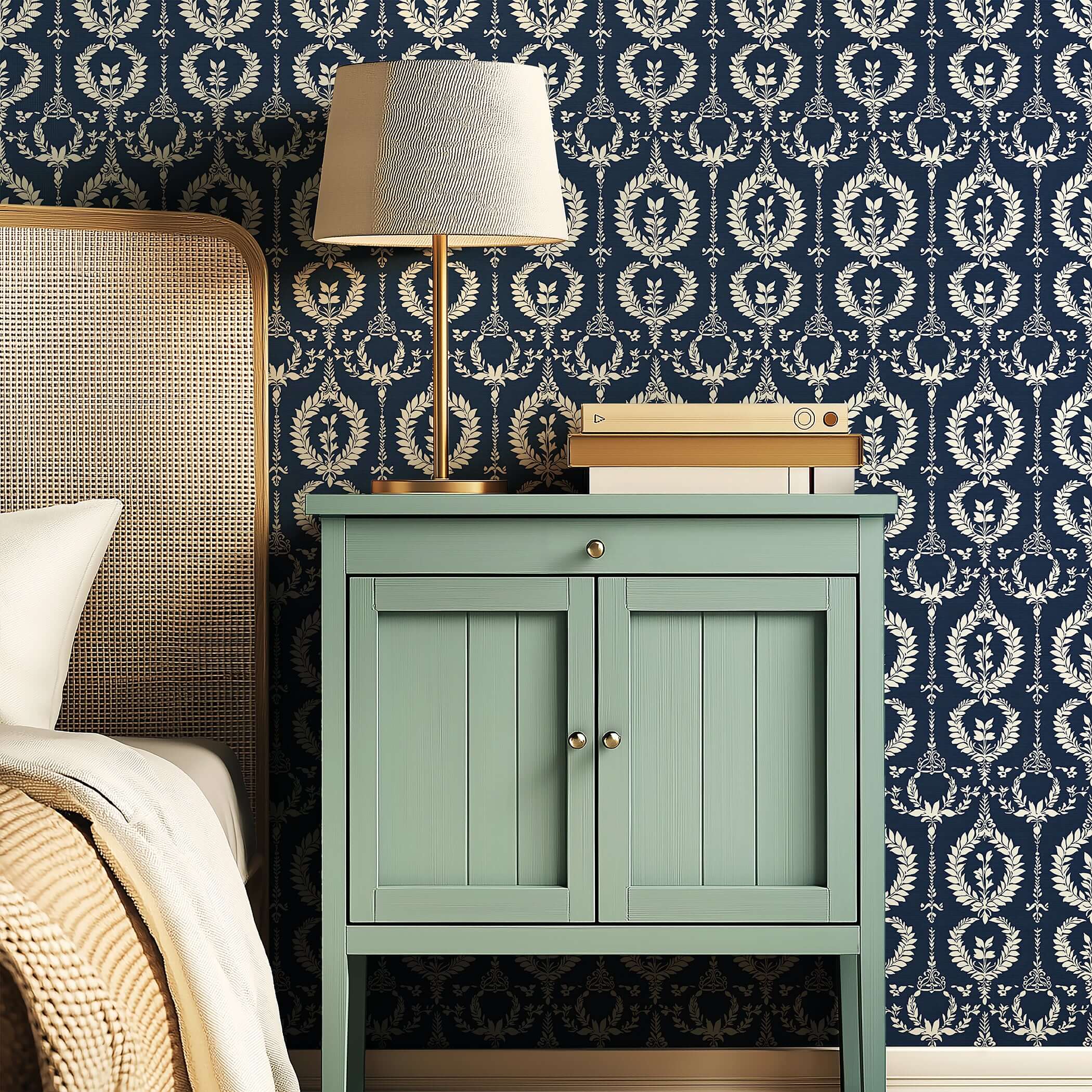 Nobility Wreath wallpaper featuring ivory laurel wreaths on navy, enhancing traditional decor with florals and elegance.