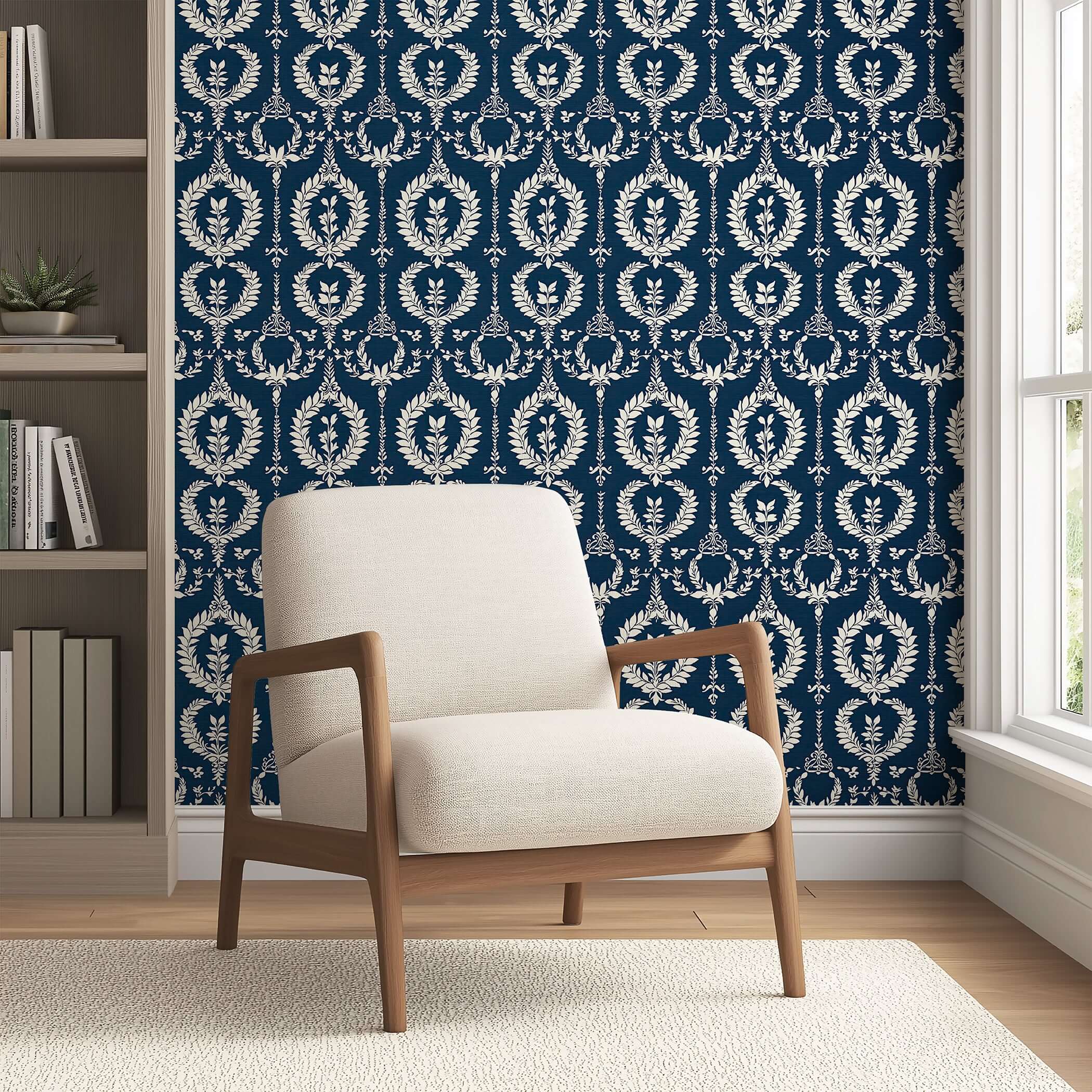 Nobility Wreath Wallpaper with ivory laurel wreaths and florals on navy background, adding traditional elegance to rooms.