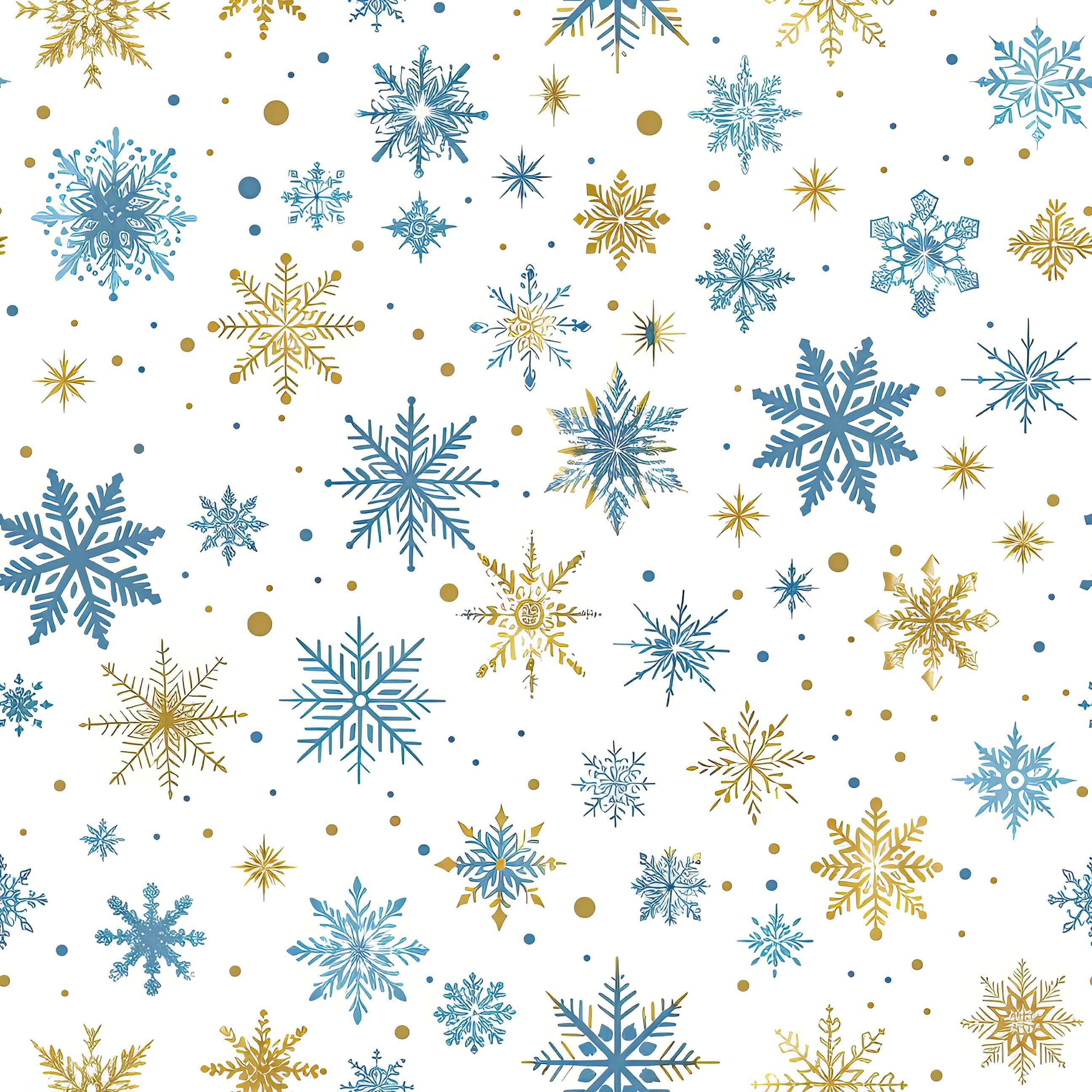 Golden and blue snowflakes on a white background, creating a winter wonderland effect in a mid-century modern wallpaper design.