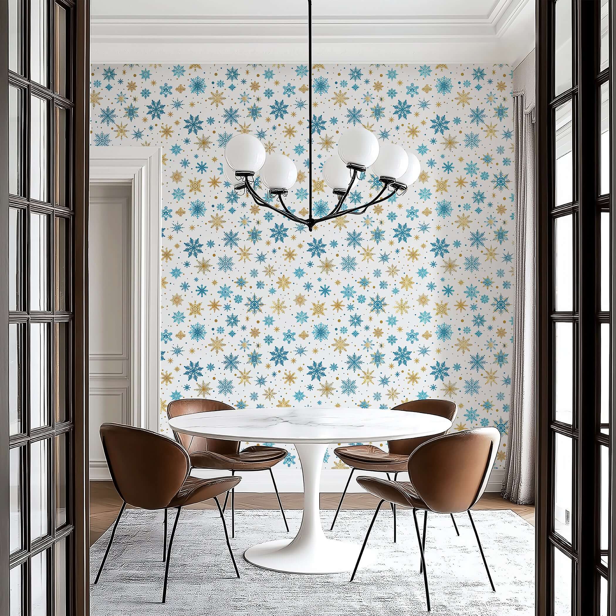 Mid-century modern dining room with "Golden Snowfall" wallpaper featuring gold and blue snowflakes, enhancing holiday decor.