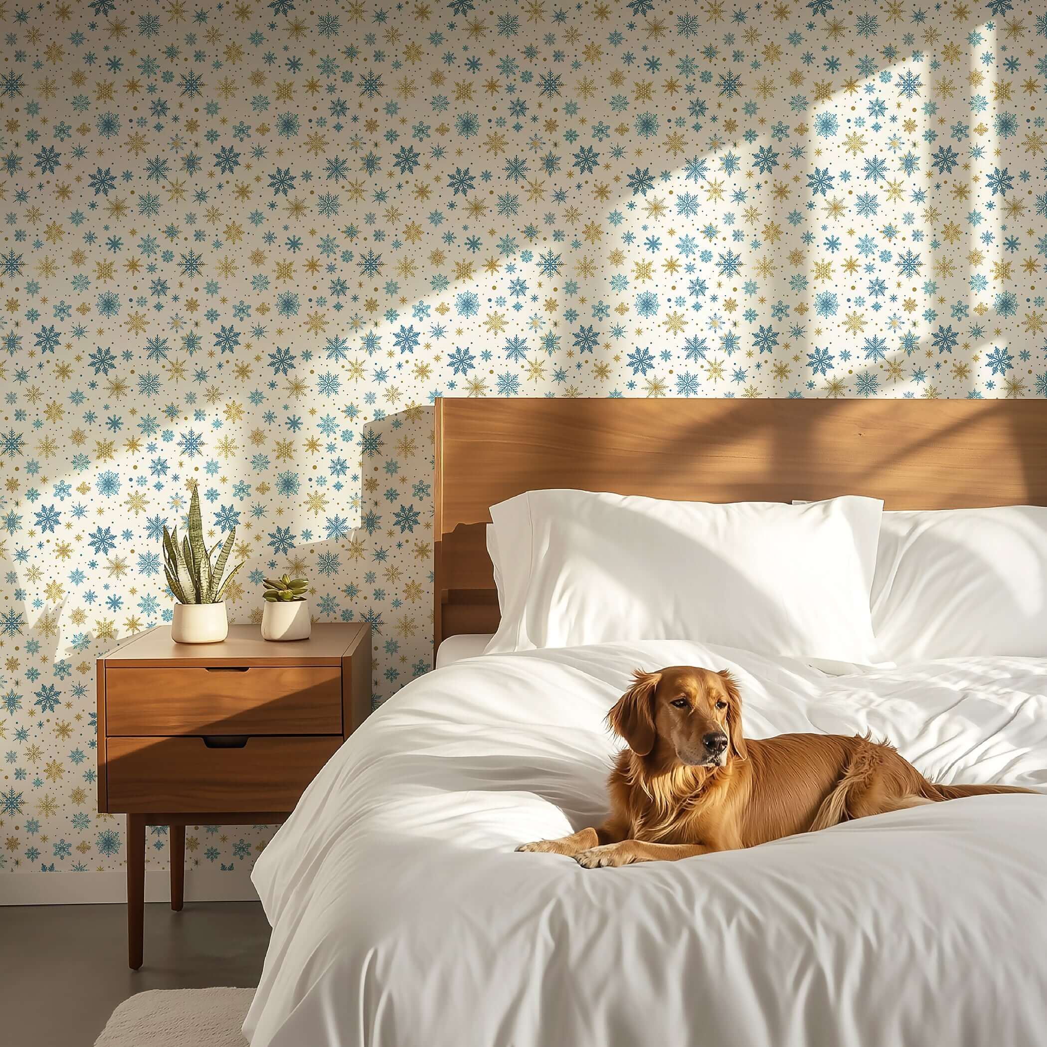 Mid-century modern bedroom with Golden Snowfall wallpaper, featuring gold and blue snowflakes, enhancing a cozy, festive ambiance.