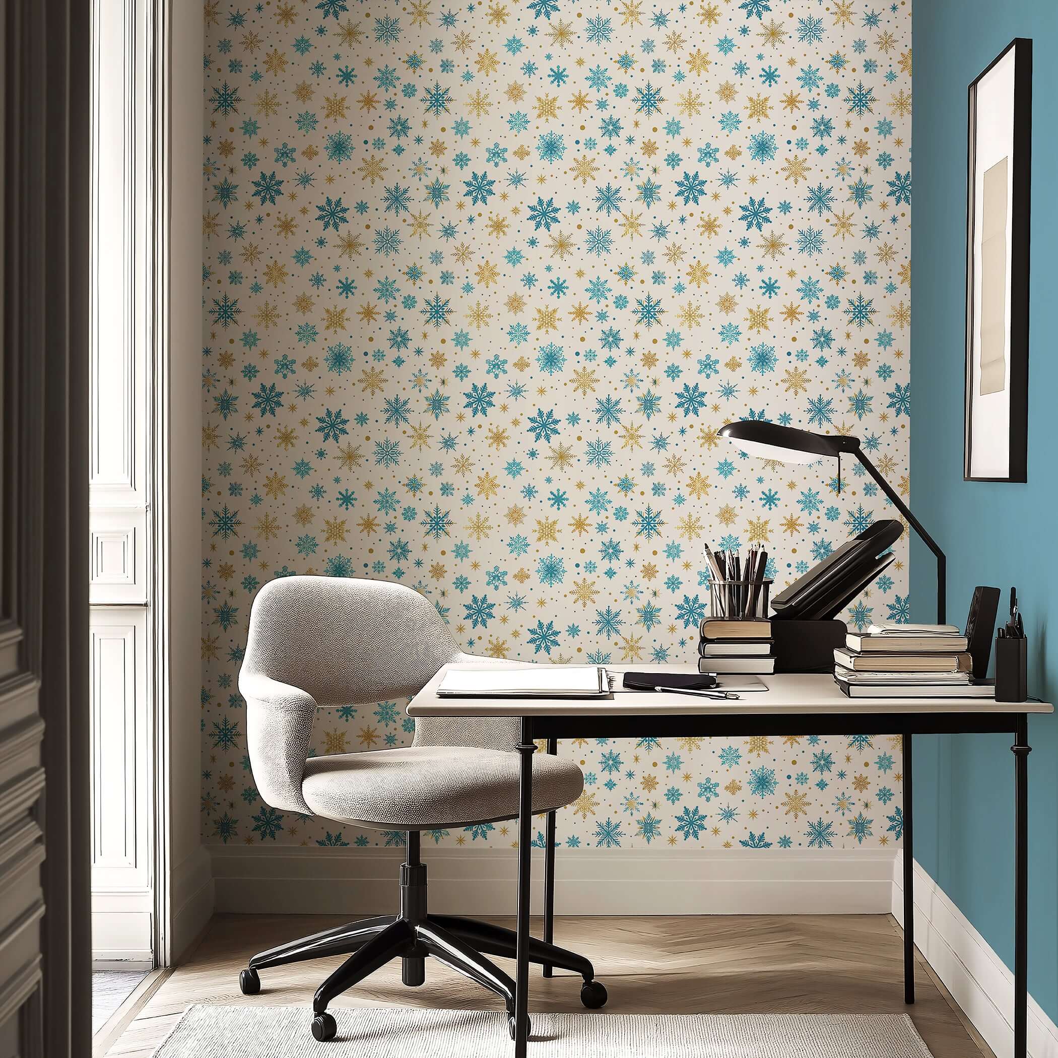 Golden Snowfall wallpaper with gold and blue snowflakes creating a mid-century modern look in a home office setting.