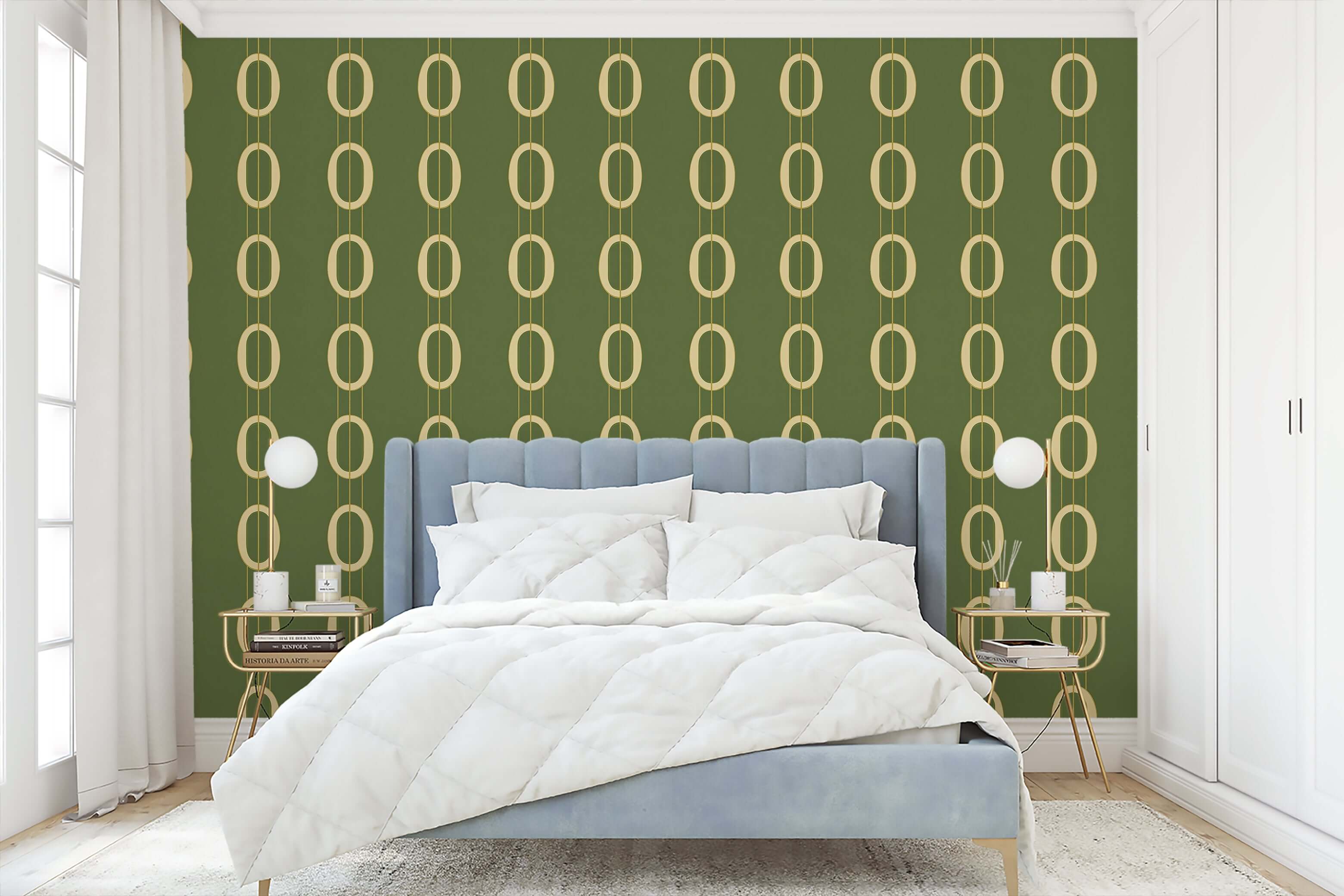 Bedroom with Golden Ovals wallpaper featuring interlocking gold ovals on an olive-green background creating a mid-century modern vibe.