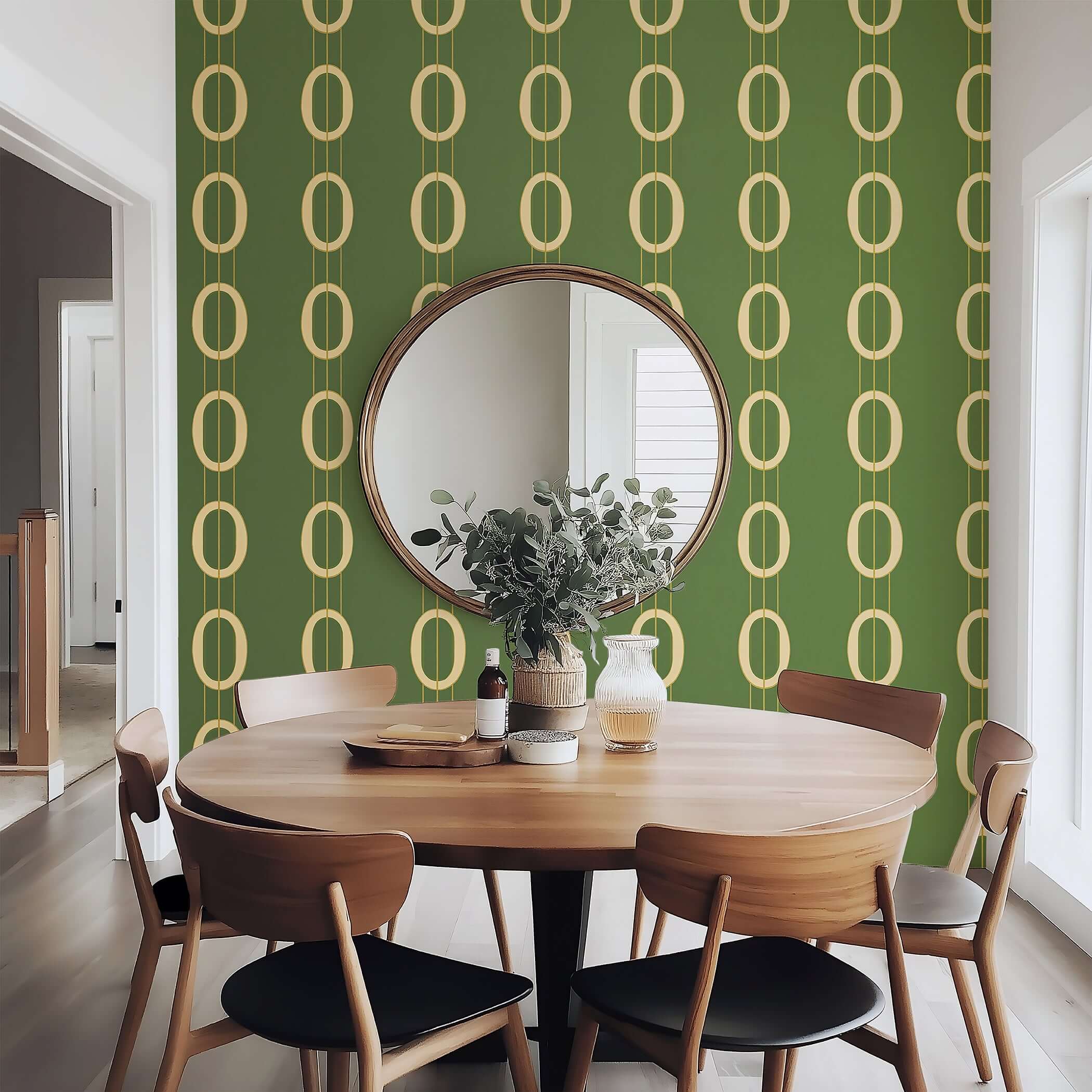 Dining room with Golden Ovals mid-century modern wallpaper in olive green and gold oval pattern.
