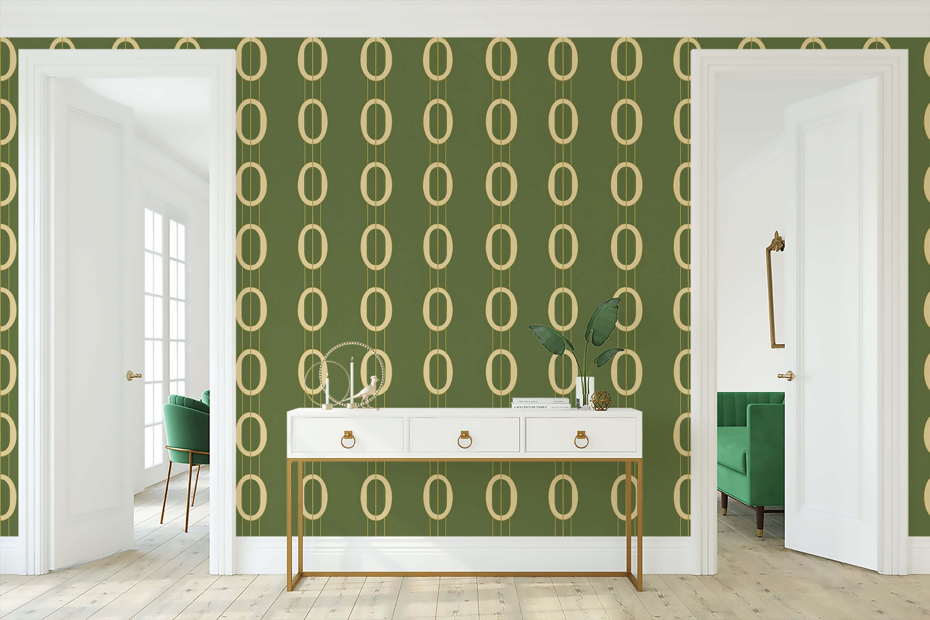 Golden Ovals Wallpaper featuring interlocking gold ovals on olive-green, embodying mid-century modern style for statement walls.