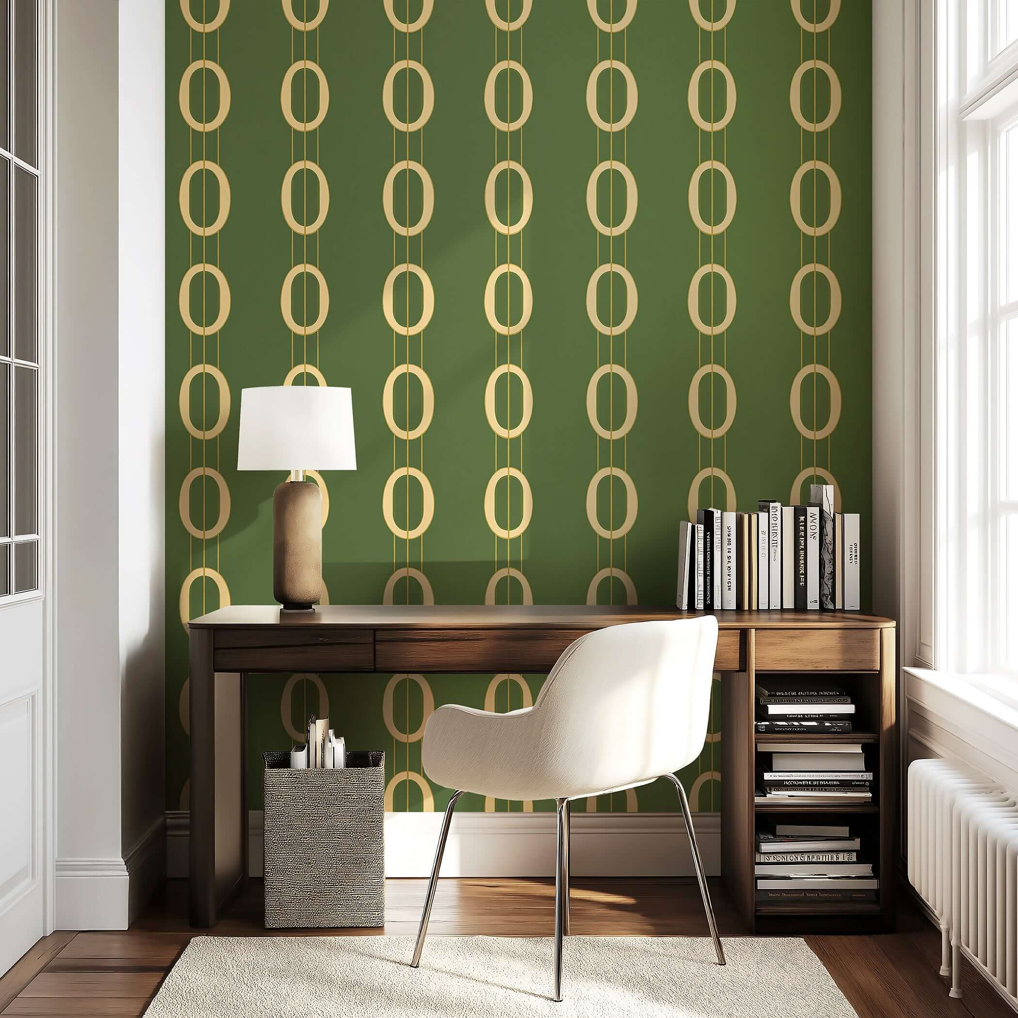 Mid-century modern wallpaper with gold ovals on olive-green, enhancing a retro-modern room behind sleek desk and chair.