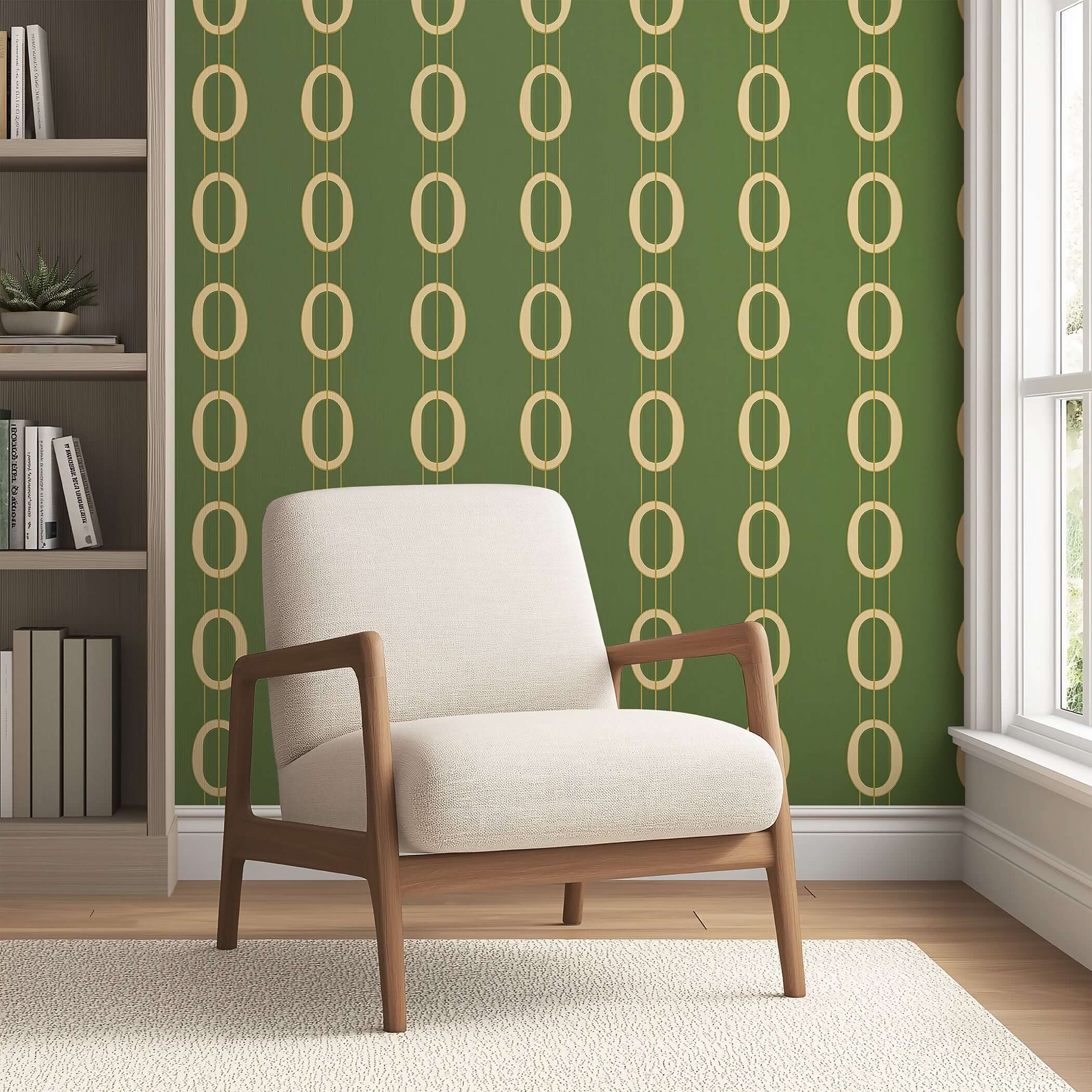 Mid-century modern wallpaper with golden ovals on olive-green background behind a beige armchair.