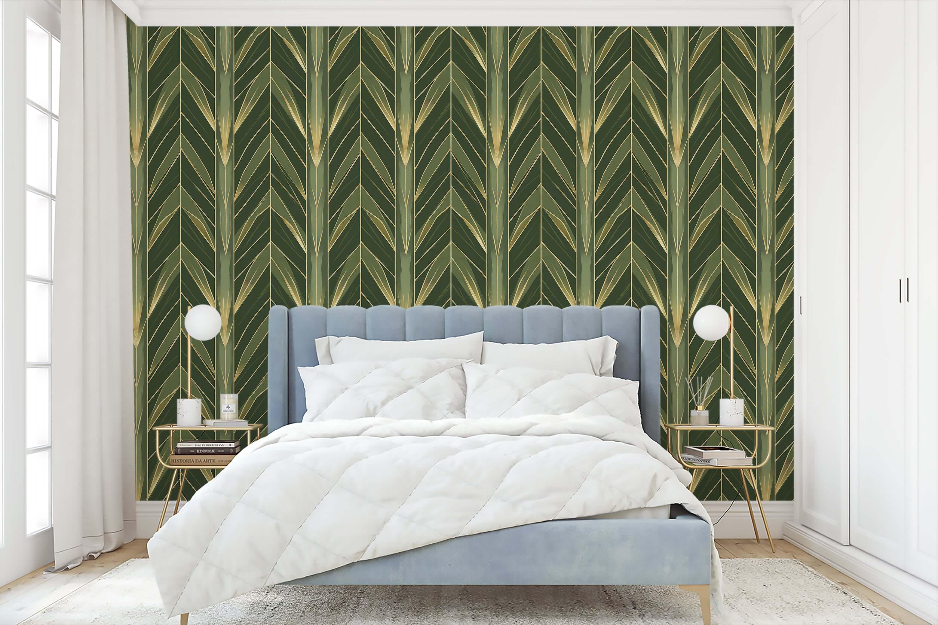 Luxurious bedroom with art deco wallpaper featuring green botanical and gold geometric design, enhancing elegant decor.