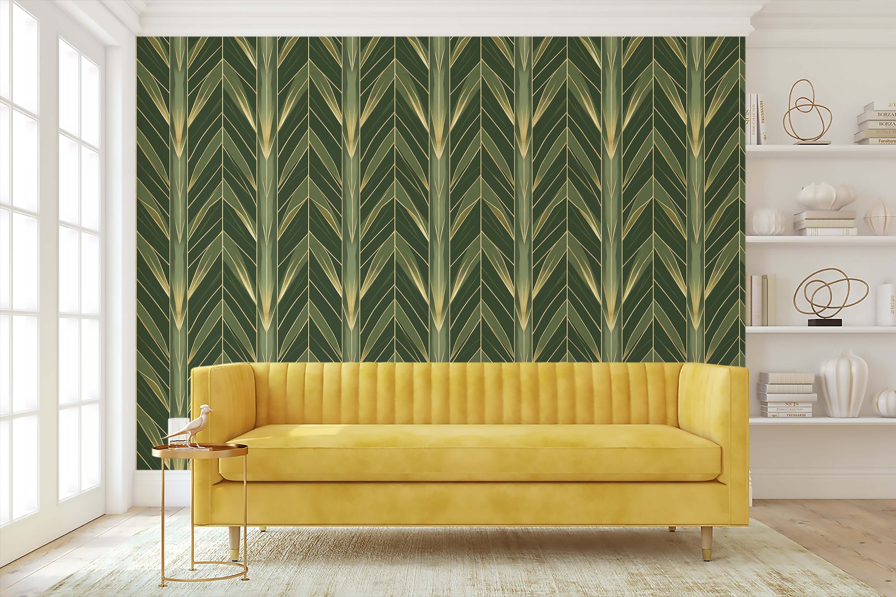 Art Deco wallpaper with lush green botanical motifs and gold details enhancing a geometric pattern, perfect for a luxurious home.